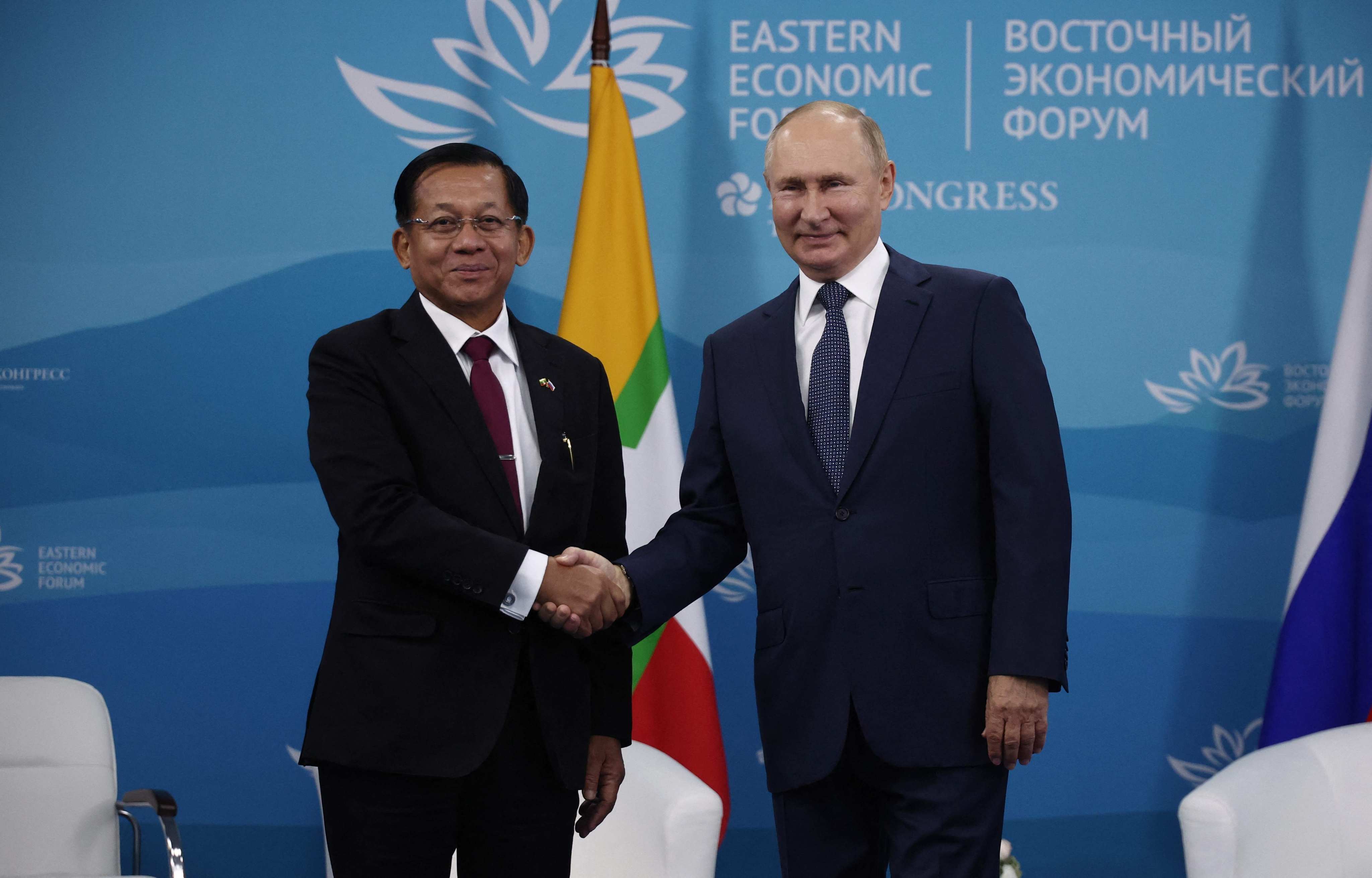 Russian President Vladimir Putin meets with Myanmar junta leader Min Aung Hlaing on the sidelines of the 2022 Eastern Economic Forum in Vladivostok on September 7, 2022. Photo: Sputnik/AFP