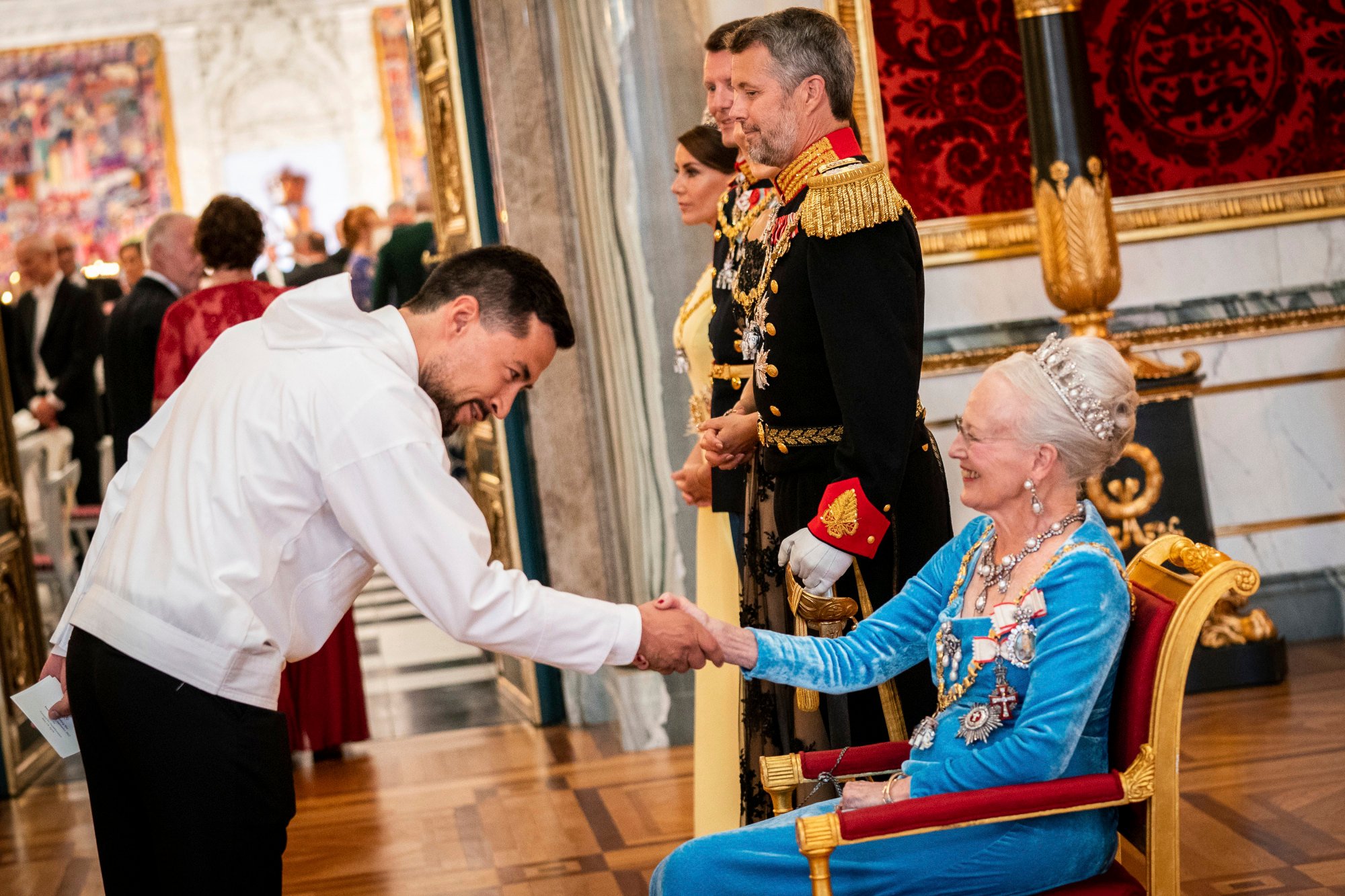 Danish Queen Margrethe welcomes Mute B. Egede, prime minister of Greenland at the gala banquet at Christiansborg Palace in Copenhagen, on September 11. Photo: AP
