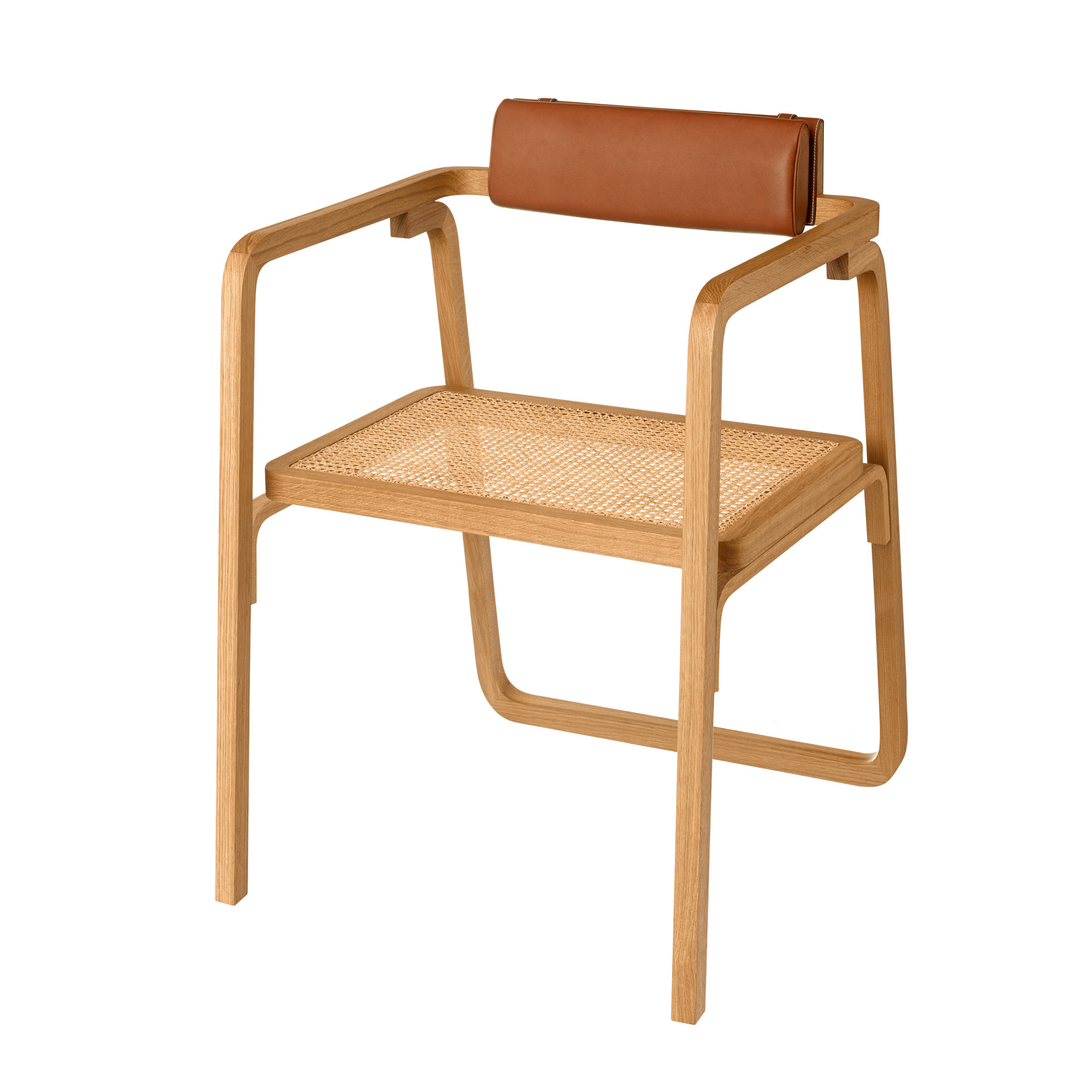 Hermès’ Oria chair features an oak frame, cane seat and bullcalf backrest.