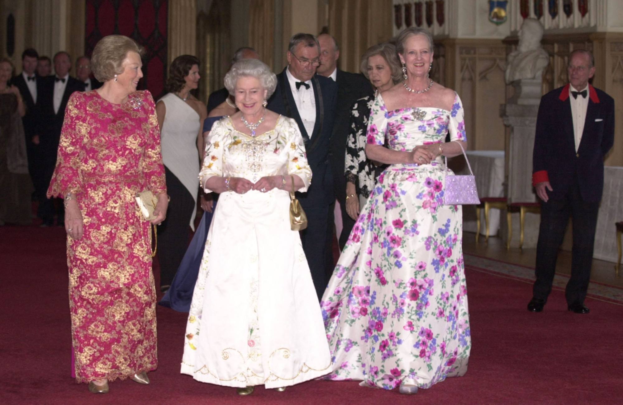 Britain’s Queen Elizabeth with then Queen Beatrix of the Netherlands and Queen Margrethe of Denmark heading to dinner at Windsor Castle, in 2002. Photo: AFP