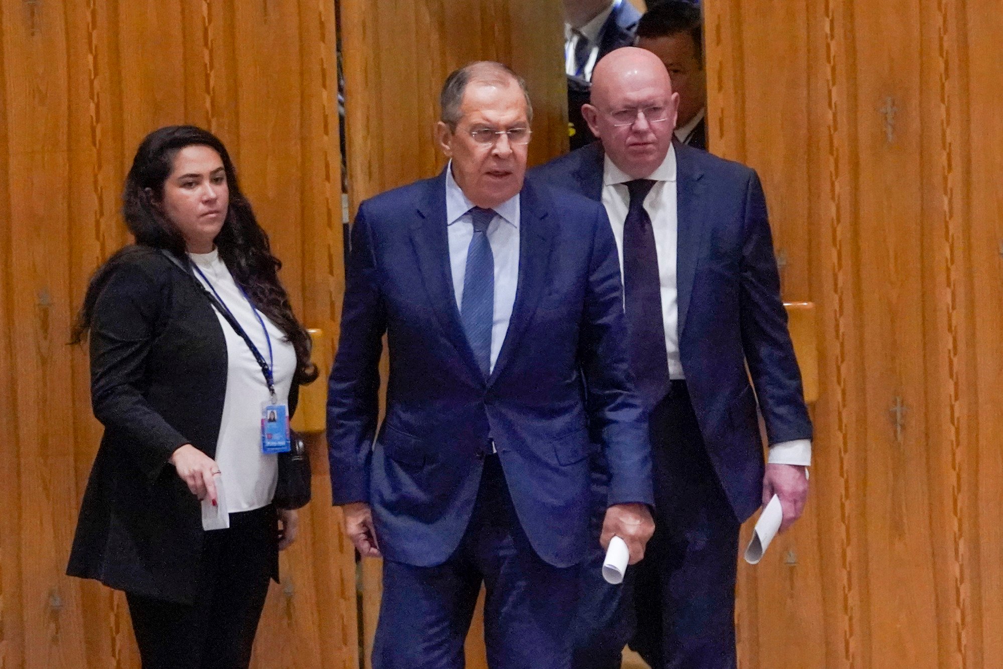 Russia’s Foreign Minister Sergey Lavrov (centre) entering the Security Council meeting. Photo: AP
