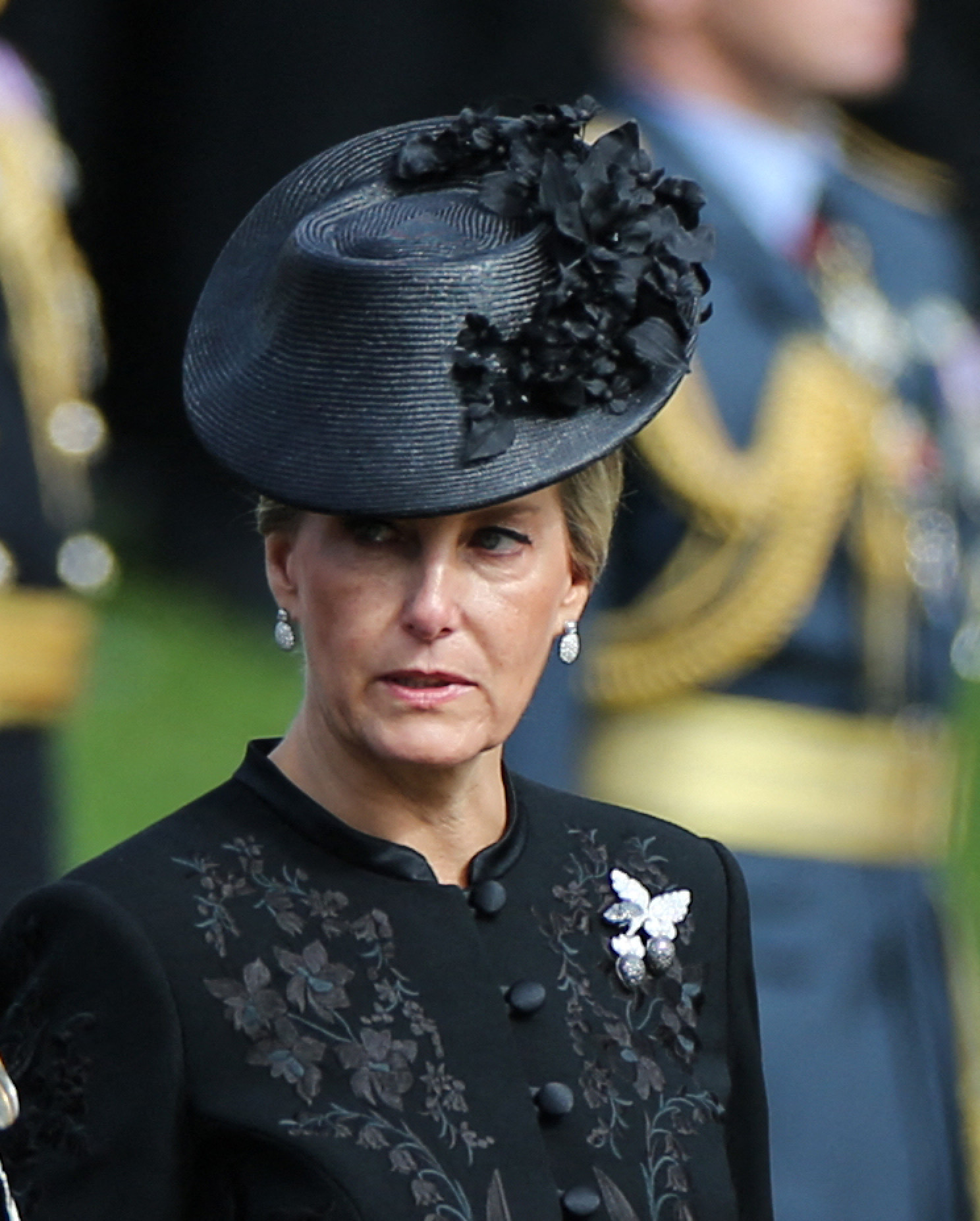 Britain’s Sophie, Countess of Wessex wore the queen’s favourite flowers on her dress. Photo: AFP