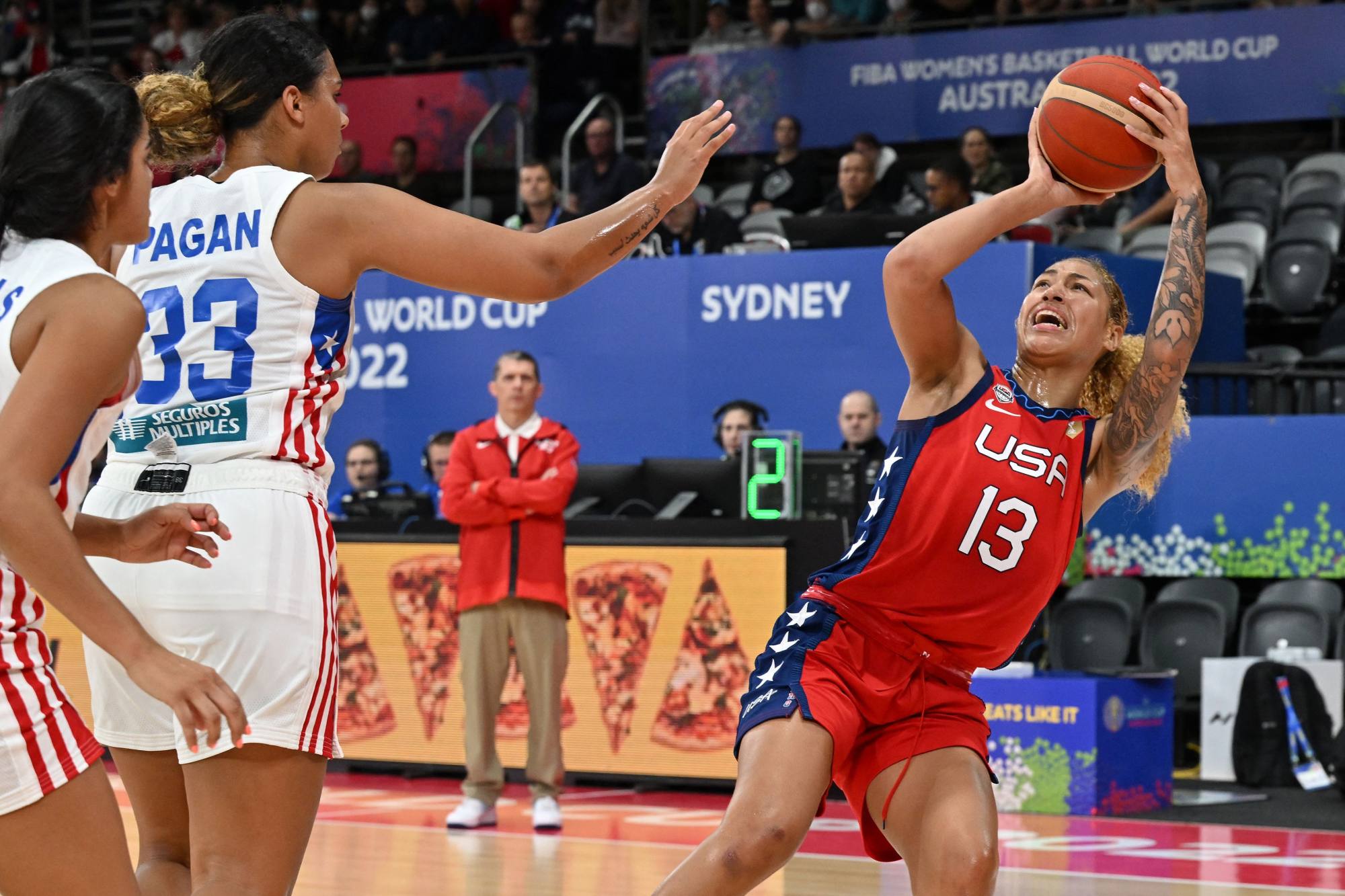 Shakira Austin of the US shoots during the Women’s Basketball World Cup group A game against Puerto Rico. Photo: AFP