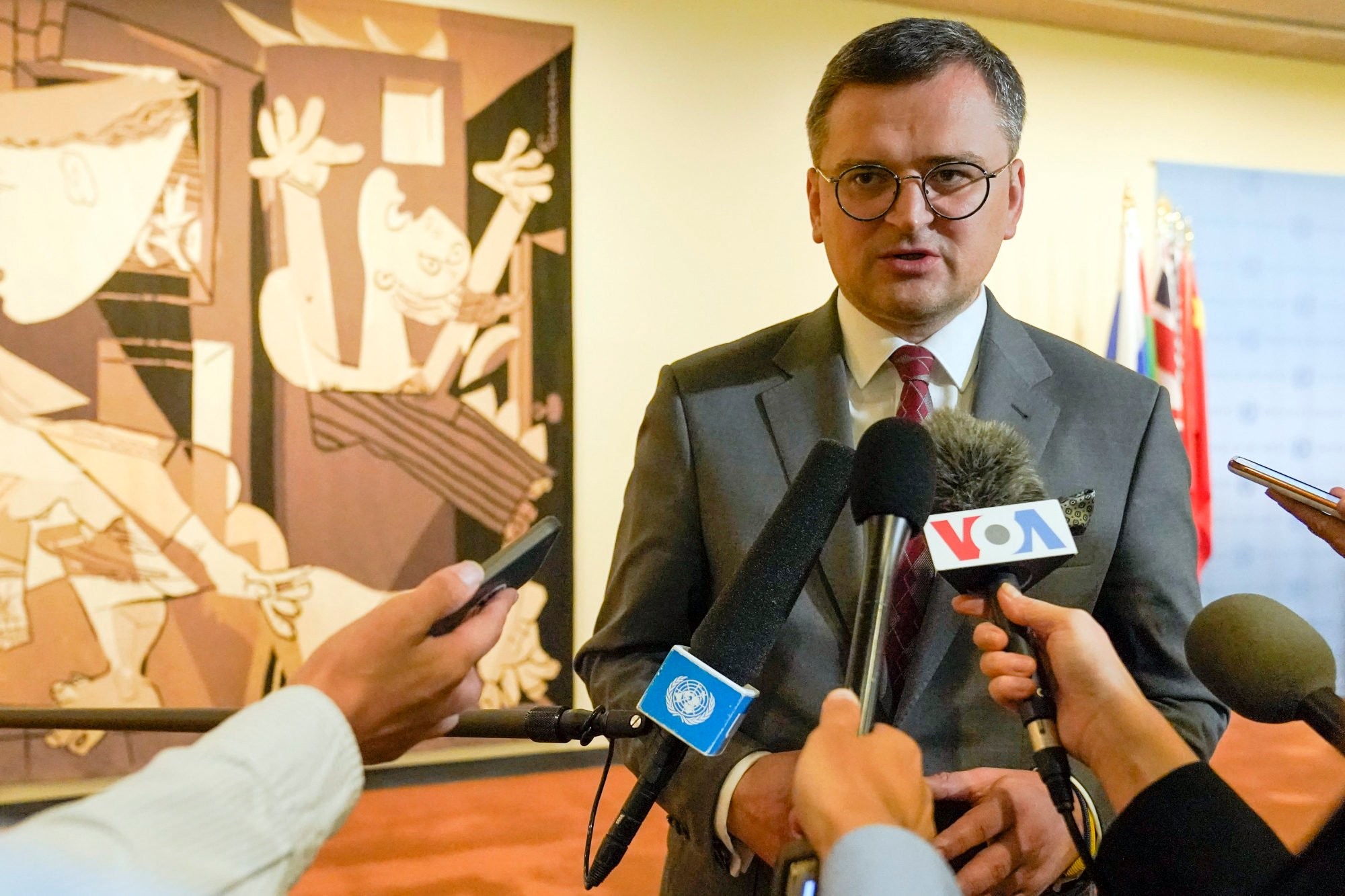 Ukrainian Foreign Minister Dmytro Kuleba speaking to reporters after the Security Council session. Photo: AP Ukrainian Foreign Minister Dmytro Kuleba speaking to reporters after the Security Council session. Photo: AP