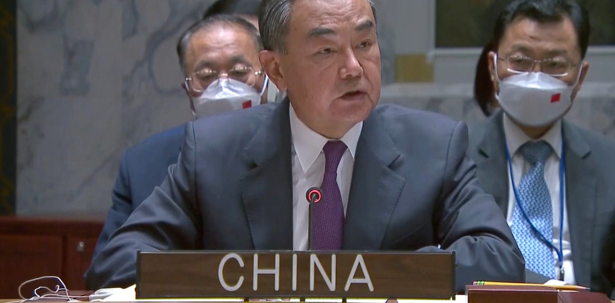 A screen shot of Chinese Foreign Minister Wang Yi during his comments to the UN Security Council regarding Ukraine on Thursday. A screen shot of Chinese Foreign Minister Wang Yi during his comments to the UN Security Council regarding Ukraine on Thursday.