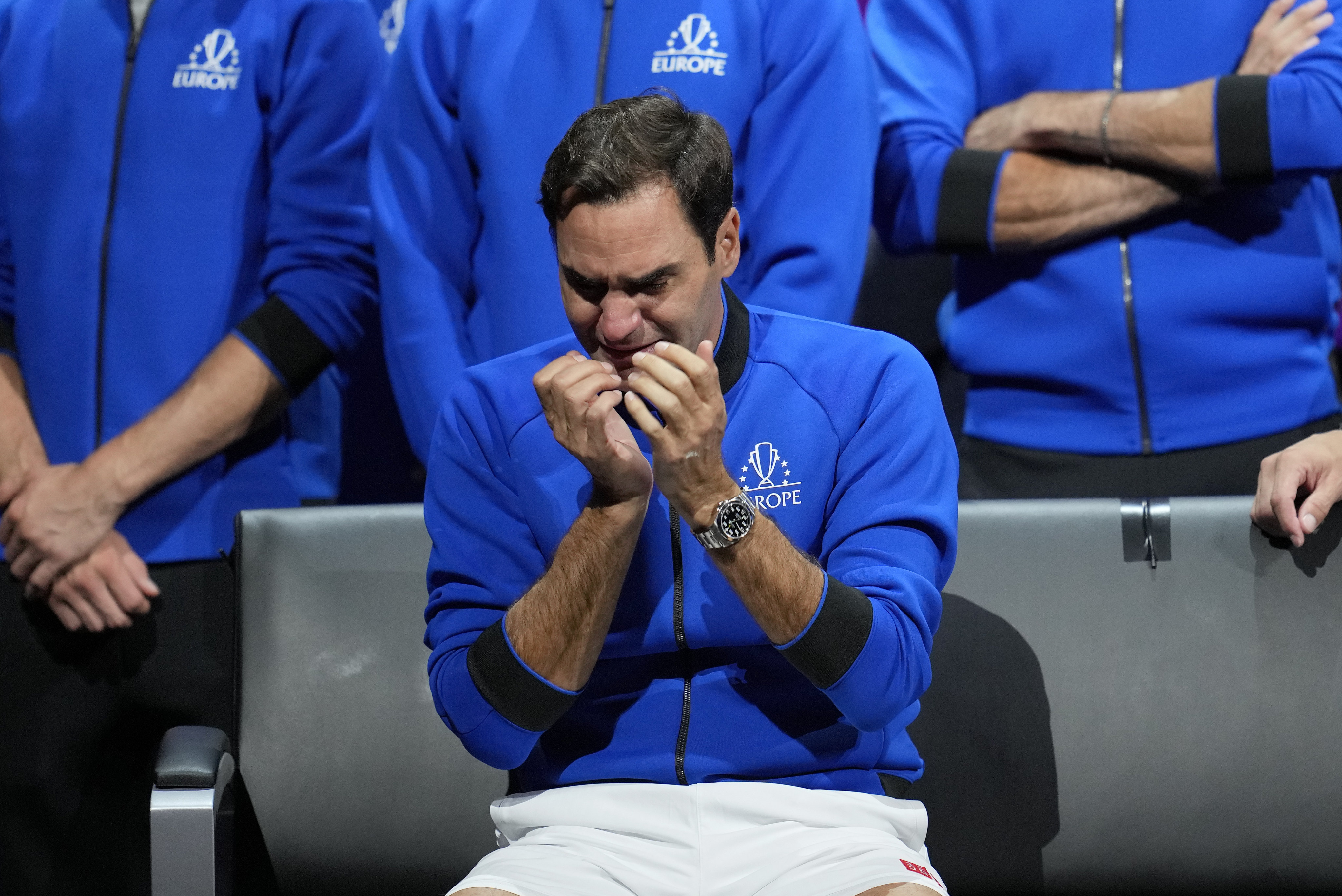 An emotional Roger Federer of Team Europe sits alongside his playing partner Rafael Nadal after their Laver Cup doubles match against Team World’s Jack Sock and Frances Tiafoe at the O2 arena in London. Photo: AP