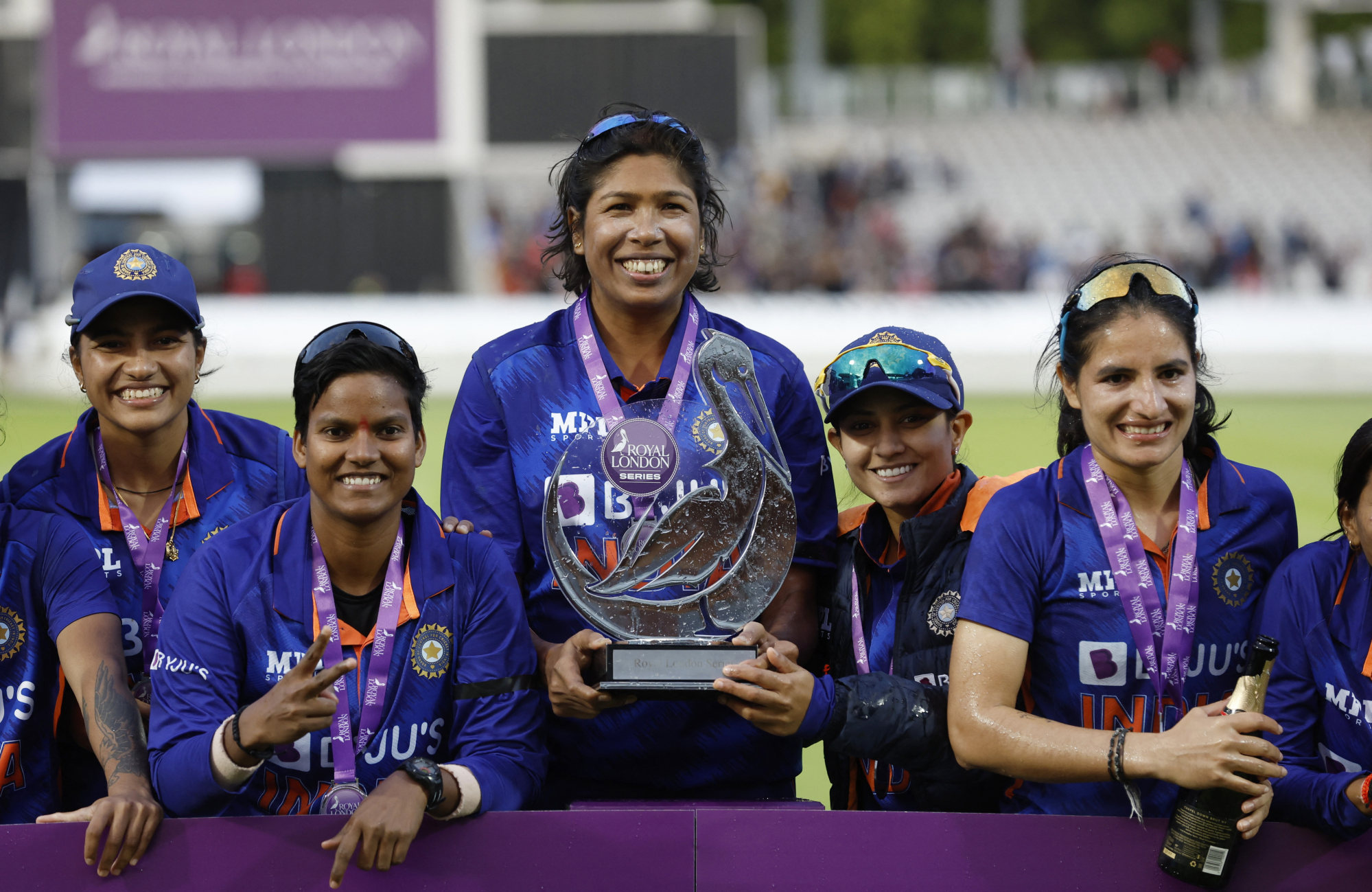 The ODI series is clinched as Jhulan Goswami and her teammates celebrate. Photo: Action Images via Reuters