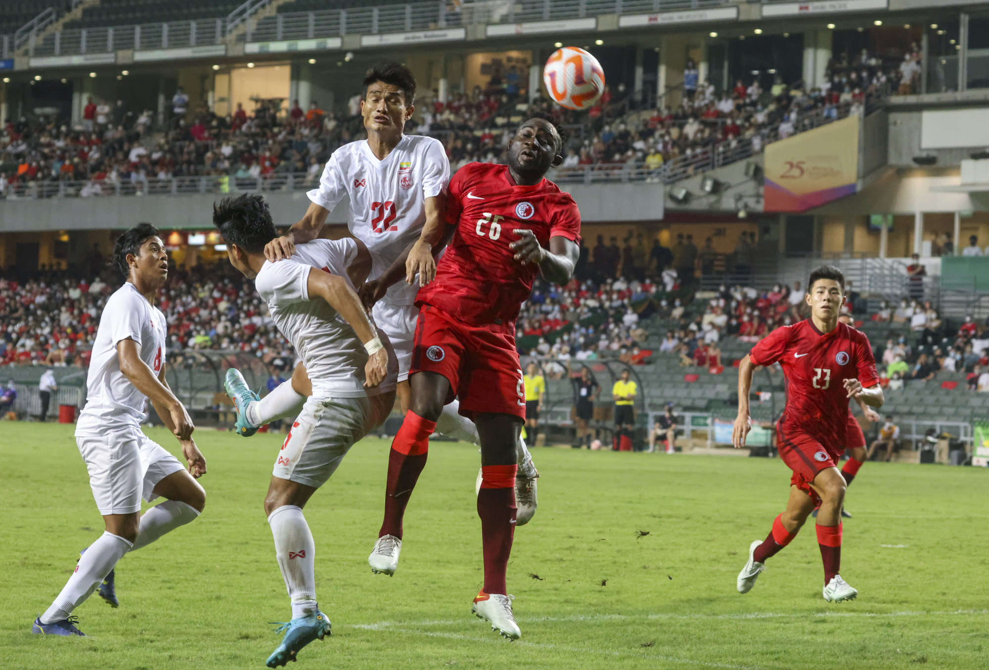 Hong Kong’s Alex Akande looks to head the ball against Myanmar. Photo: Dickson Lee