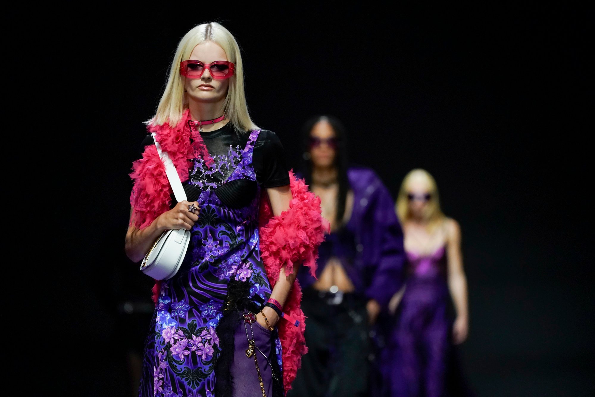 Bella Hadid Is a Bride in Purple at Versace's Milan Fashion Week Show –  Footwear News