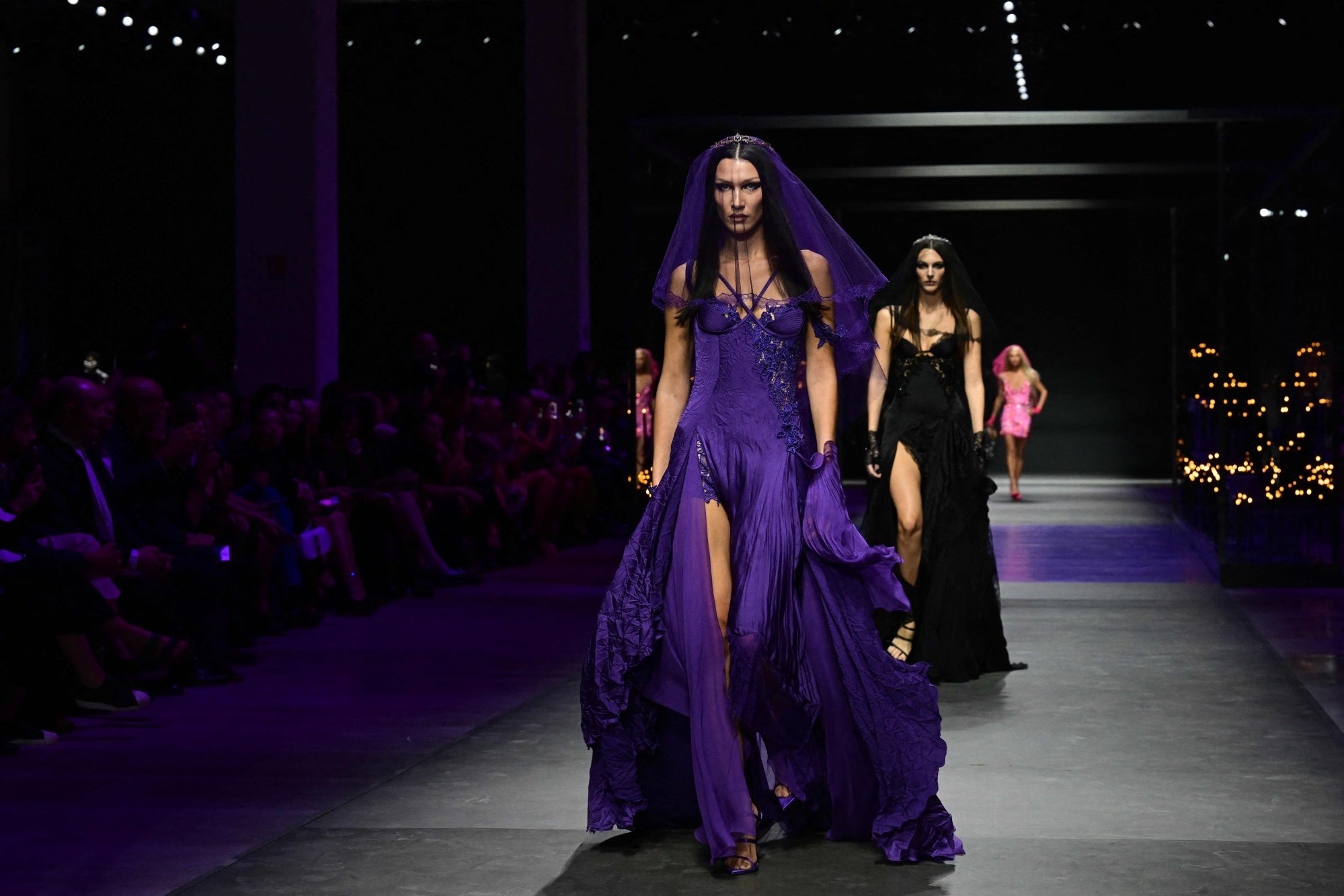 Bella Hadid Is a Bride in Purple at Versace's Milan Fashion Week Show –  Footwear News