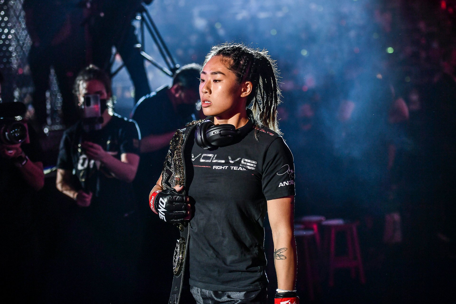 Angela Lee walks out to defend her atomweight MMA title against Stamp Fairtex at ONE X in Singapore. Photos: ONE Championship