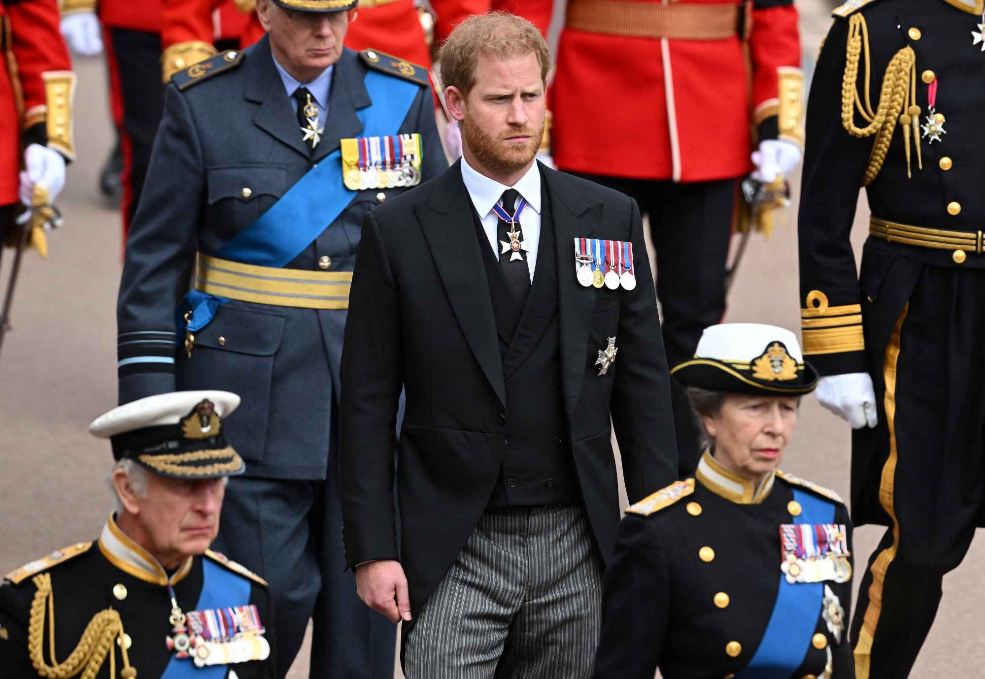 King Charles, Prince Richard, Duke of Gloucester, Prince Harry, Duke of Sussex and Anne, princess royal arrive at Windsor Castle on September 19, in Windsor, England. Photo: Reuters