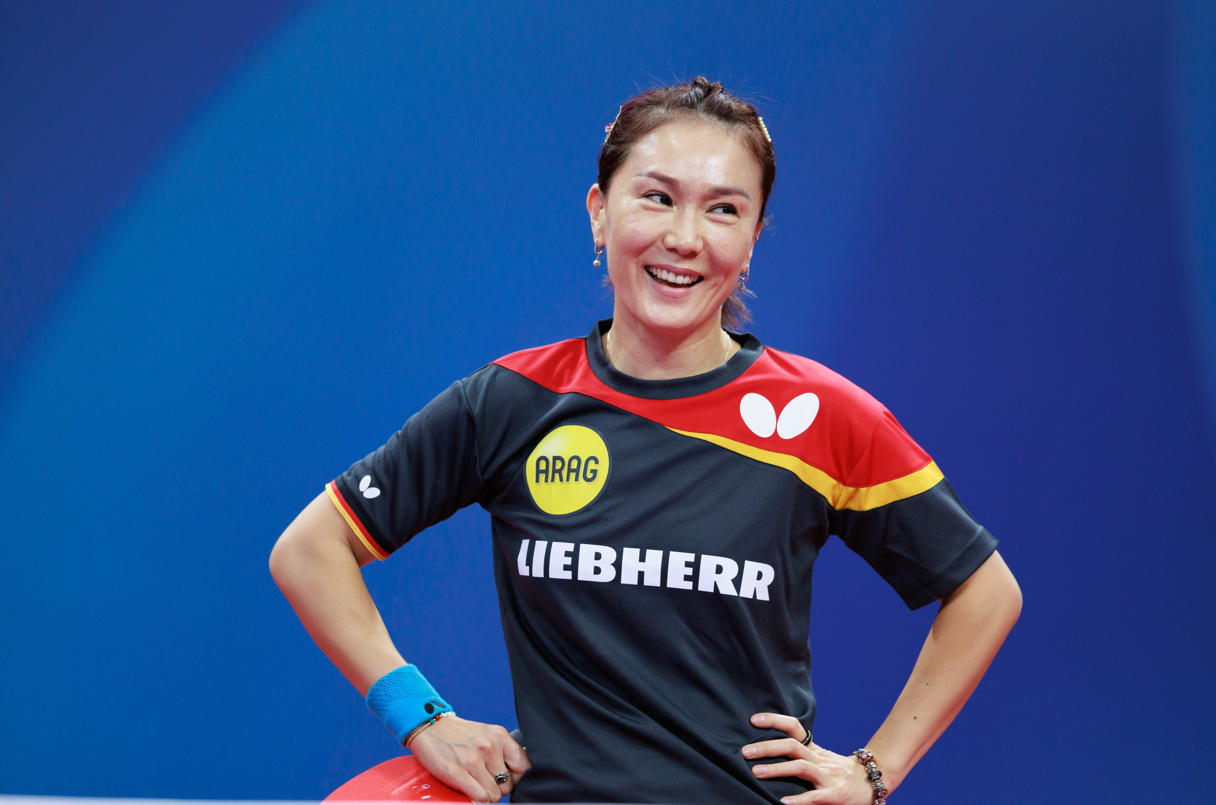 Germany’s Shan Xiaona has a smile during a training session ahead of the 2022 ITTF World Team Table Tennis Championships. Photo: Xinhua