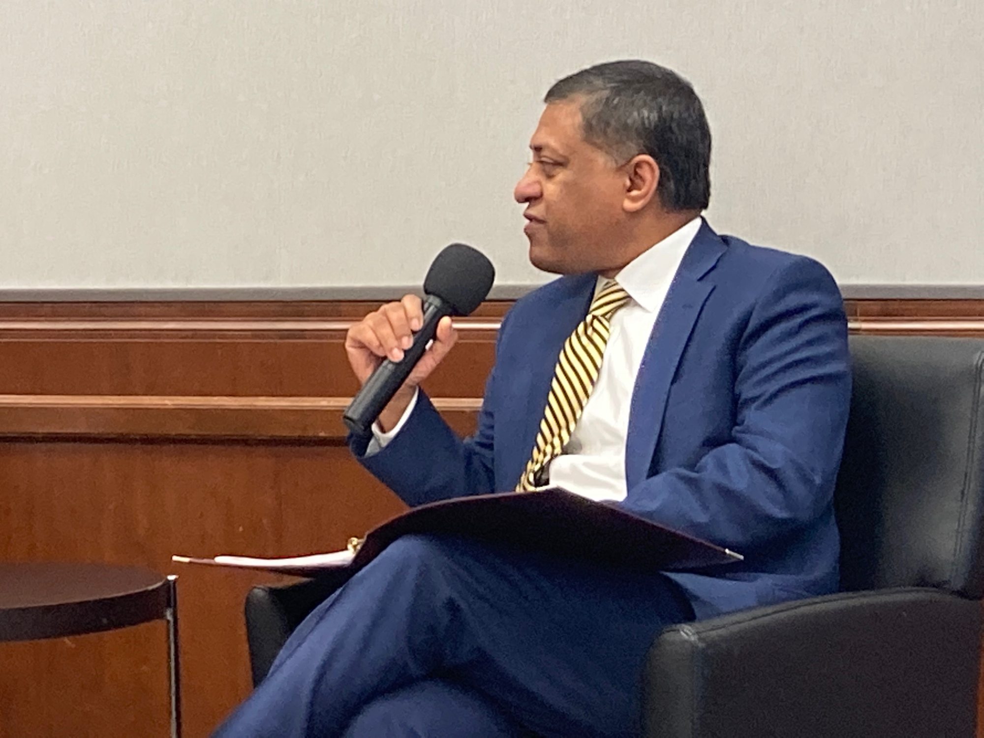 Rahul Gupta, the US director of national drug policy, speaking on Wednesday. Photo: Johns Hopkins University School of Advanced International Studies