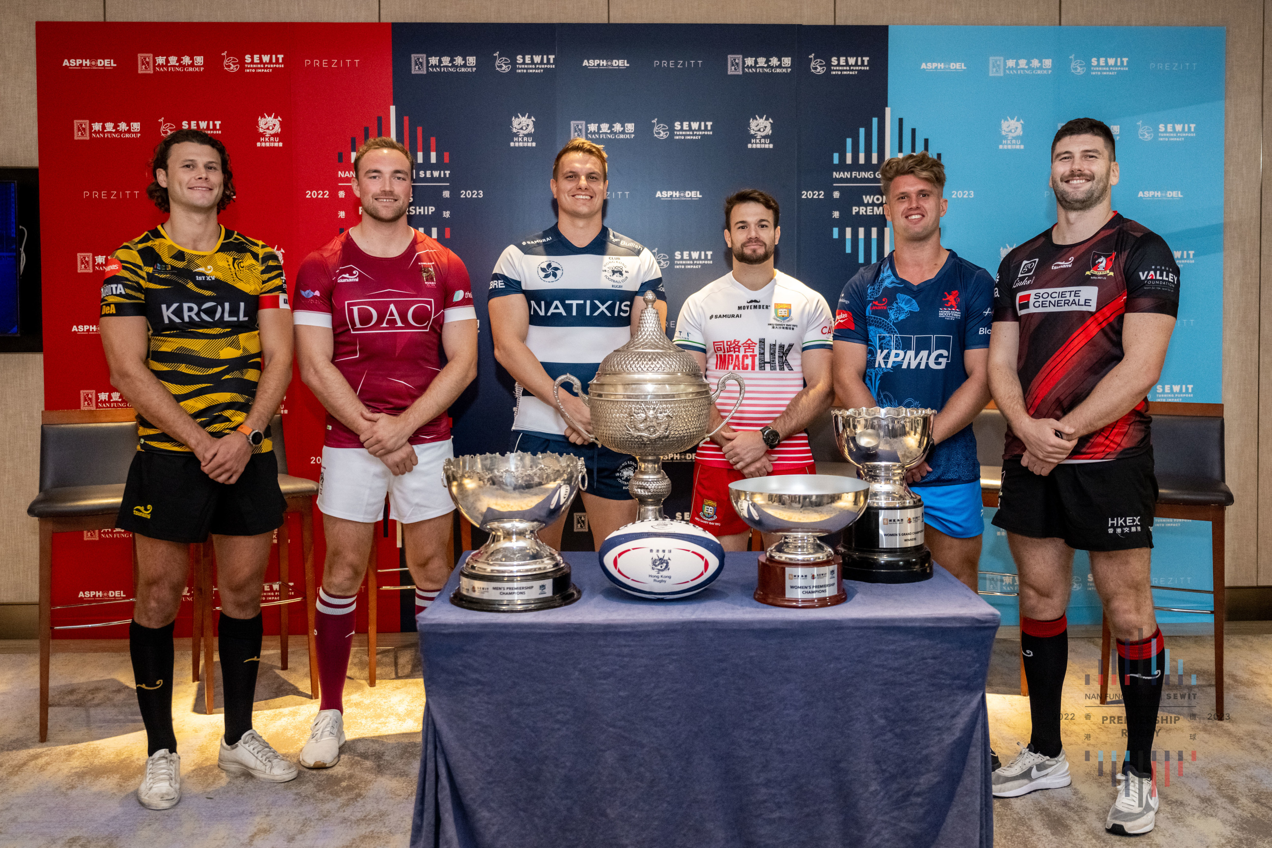 (From left) Lawrence Miller (USRC Tigers), Tom Gadsby (Kowloon), Tom Hill (Football Club), Brendon Nell (Sandy Bay), Dean Squire (HK Scottish) and Sion Bennett (Valley RFC) at the season launch. Photo: Ike Images