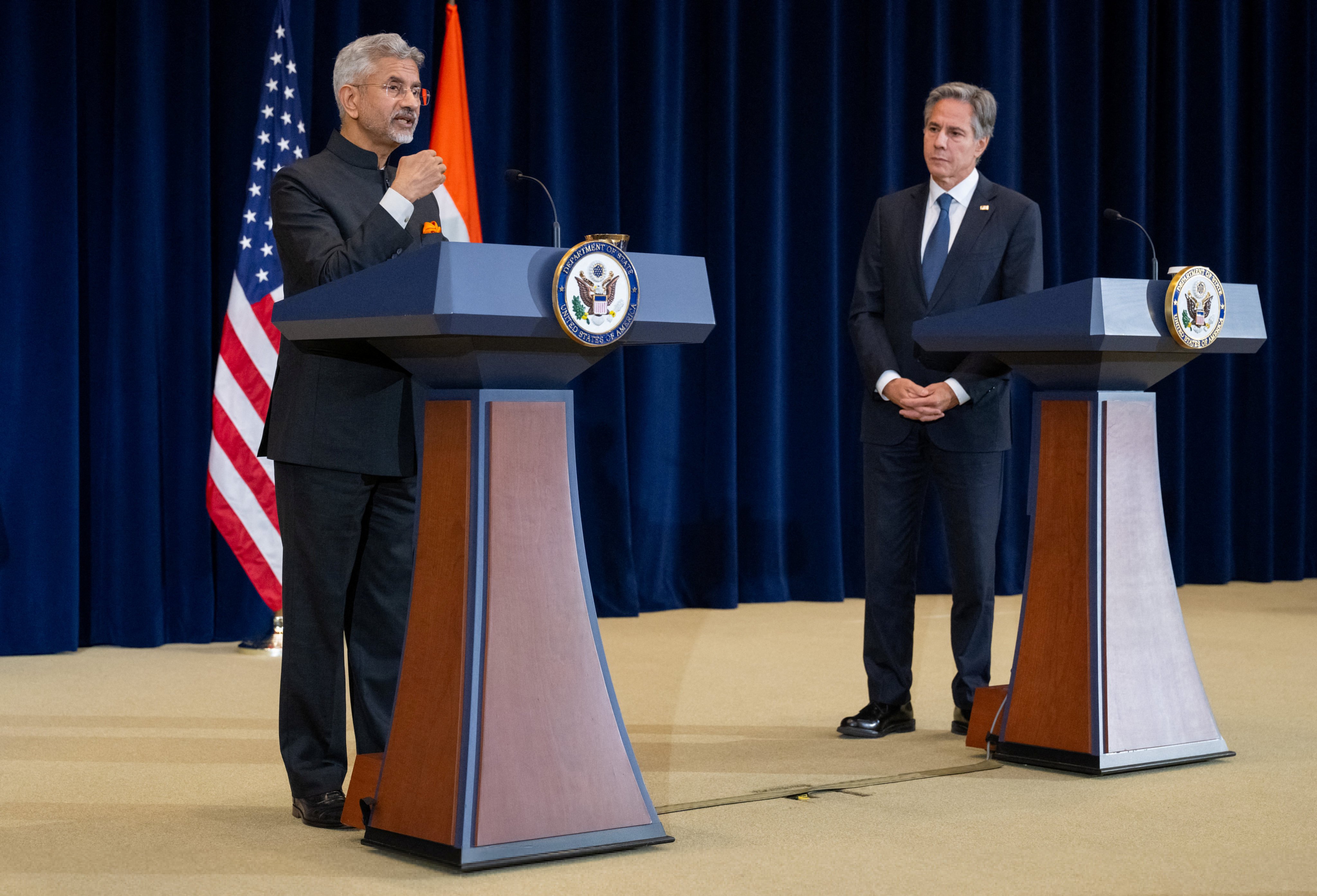 Indian External Affairs Minister Subrahmanyam Jaishankar talks at a press conference as US Secretary of State Antony Blinken listens following meetings at the State Department in Washington on September 27. Photo: Reuters