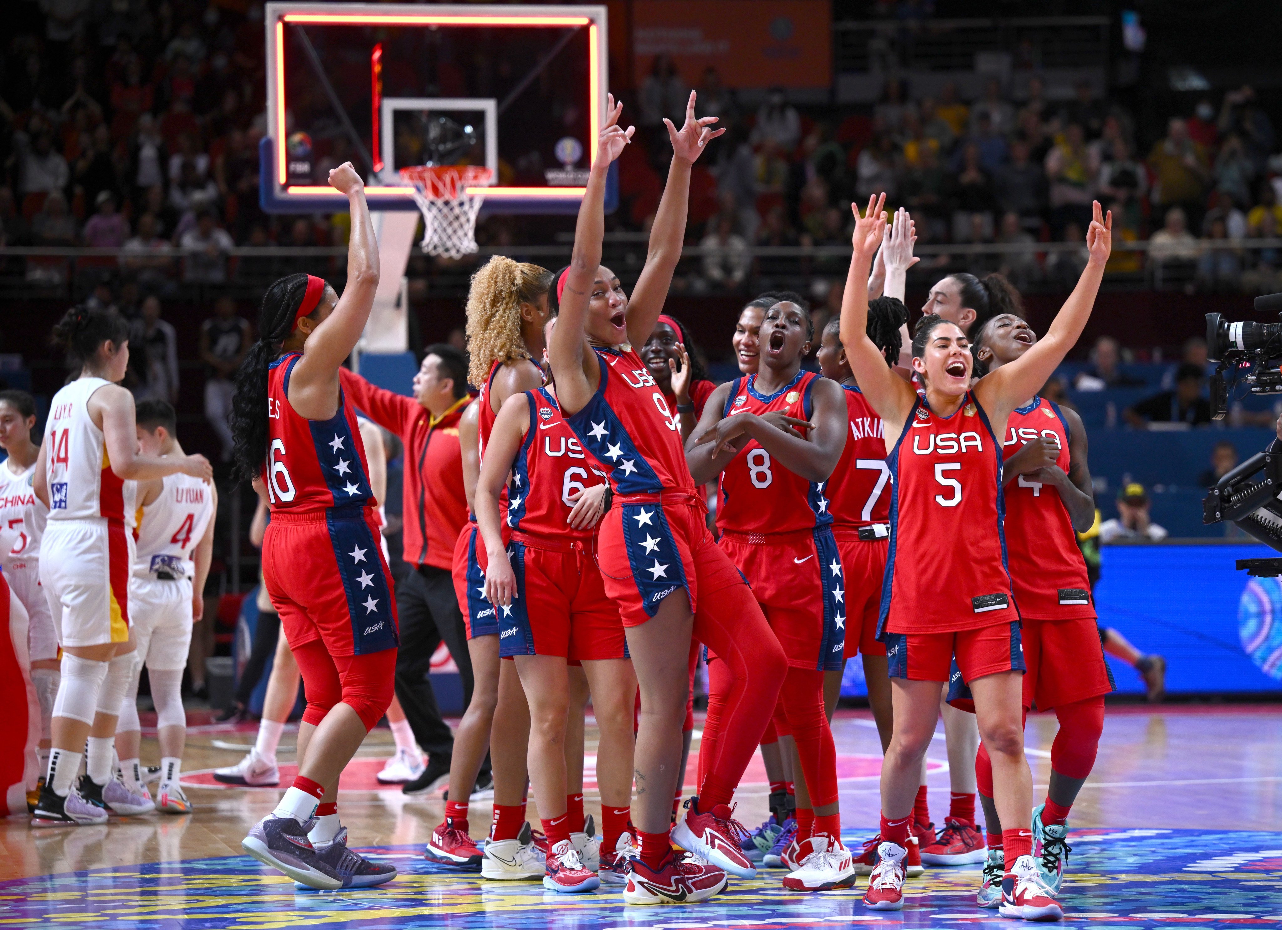 US players celebrate winning the FIBA Women’s Basketball World Cup after the gold medal match against China. Photo: EPA-EFE