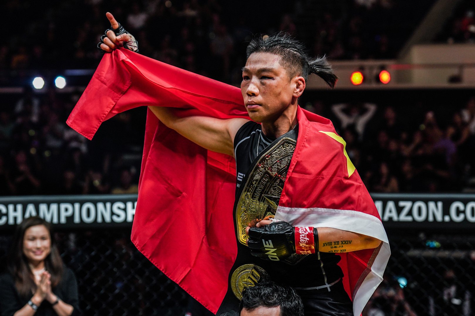 Xiong Jingnan celebrates a decision victory over Angela Lee at ONE on Prime Video 2.  Photos: ONE Championship. 
