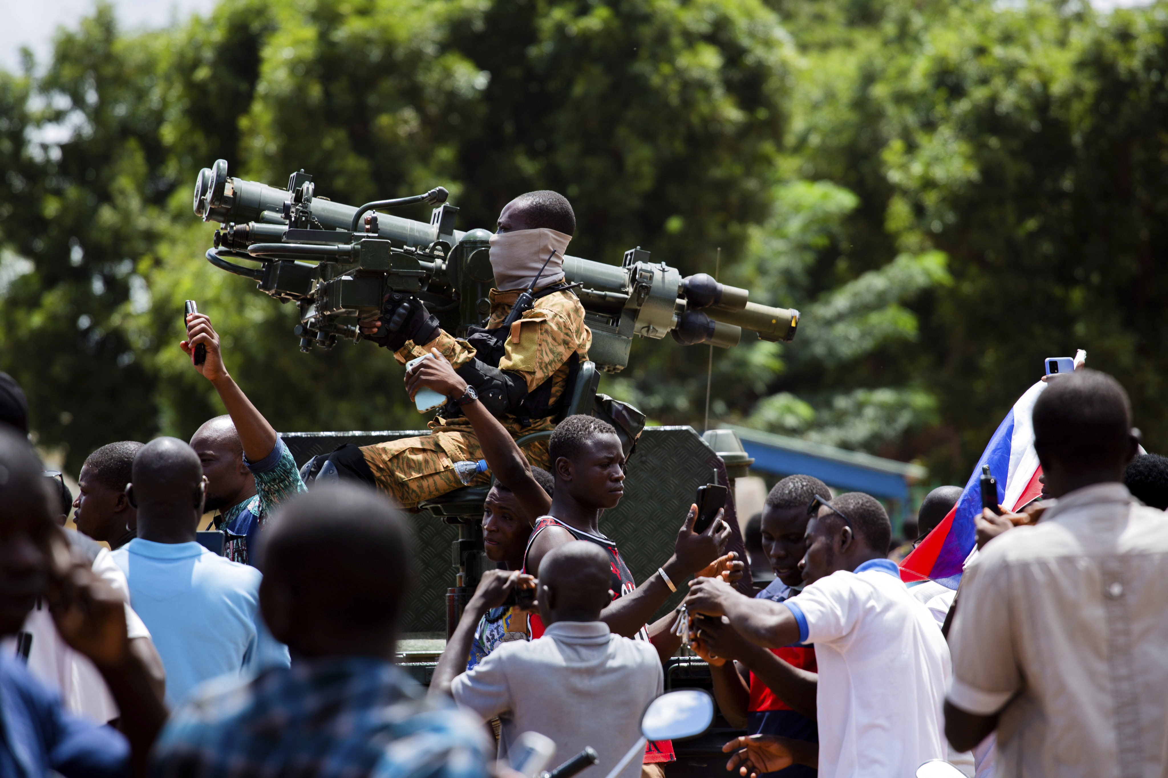 Soldiers loyal to Burkina Faso’s new self-proclaimed leader, Ibrahim Traore, on the streets of Ouagadougou, Burkina Faso. Photo: AP
