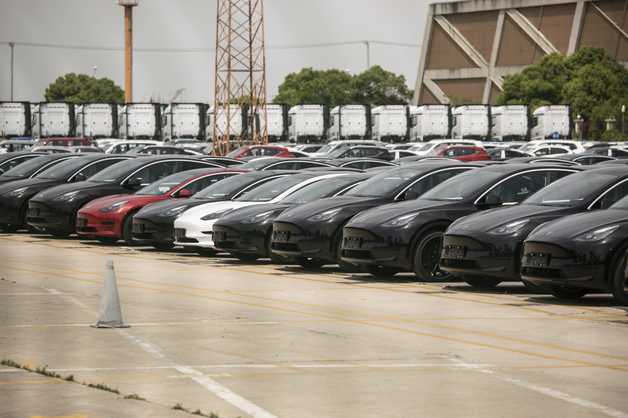 Tesla vehicles waiting for shipping transport in a large lot near the Waigaoqiao Container Port in Shanghai on June 3, 2022. Photo: Bloomberg
