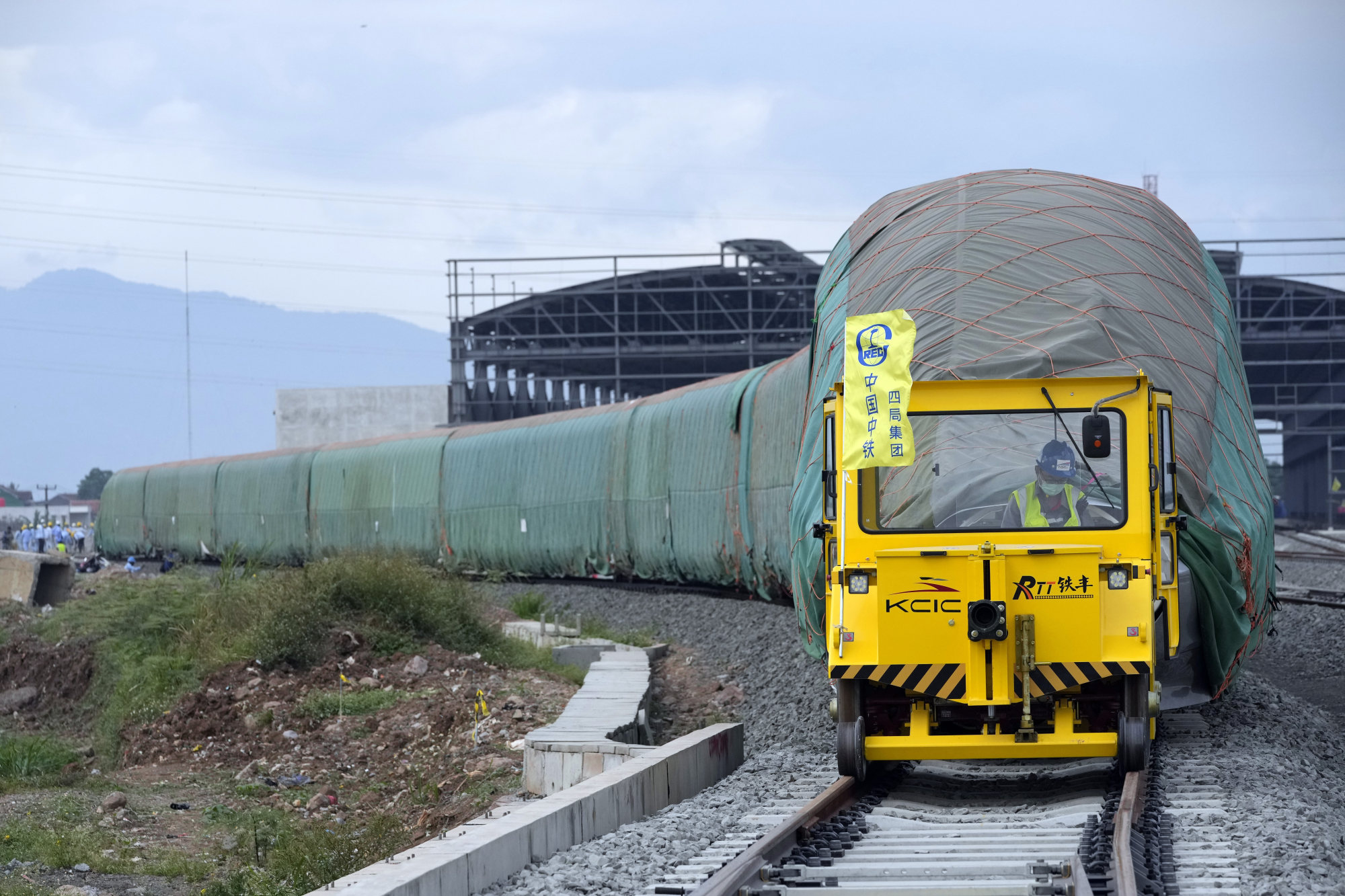 A high-speed passenger train at a construction site of the main depot for the Jakarta-Bandung Fast Railway in Bandung, West Java, Indonesia. Photo: AP/file