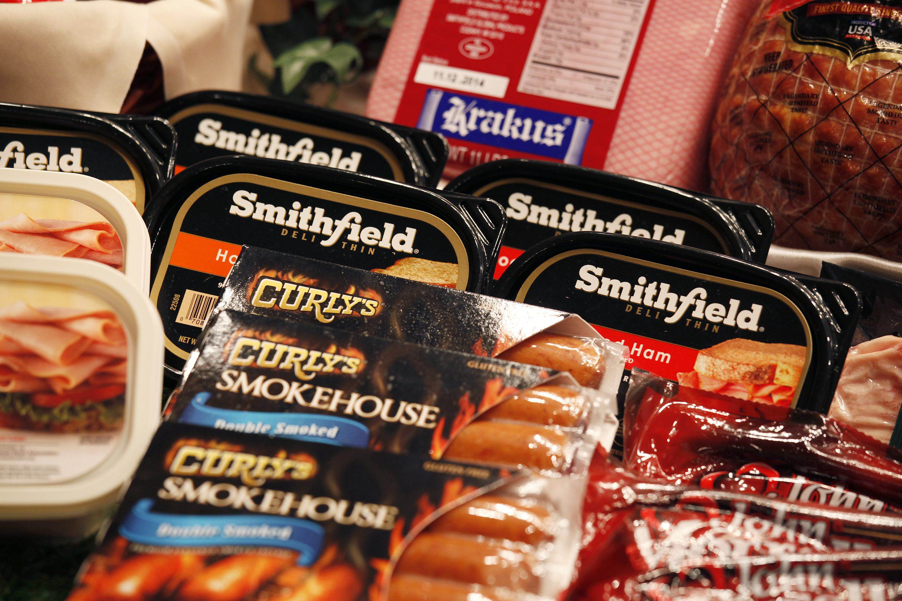 Some of the products of Smithfield Foods on display during WH Group’s IPO in Hong Kong April 2014. Photo: Reuters