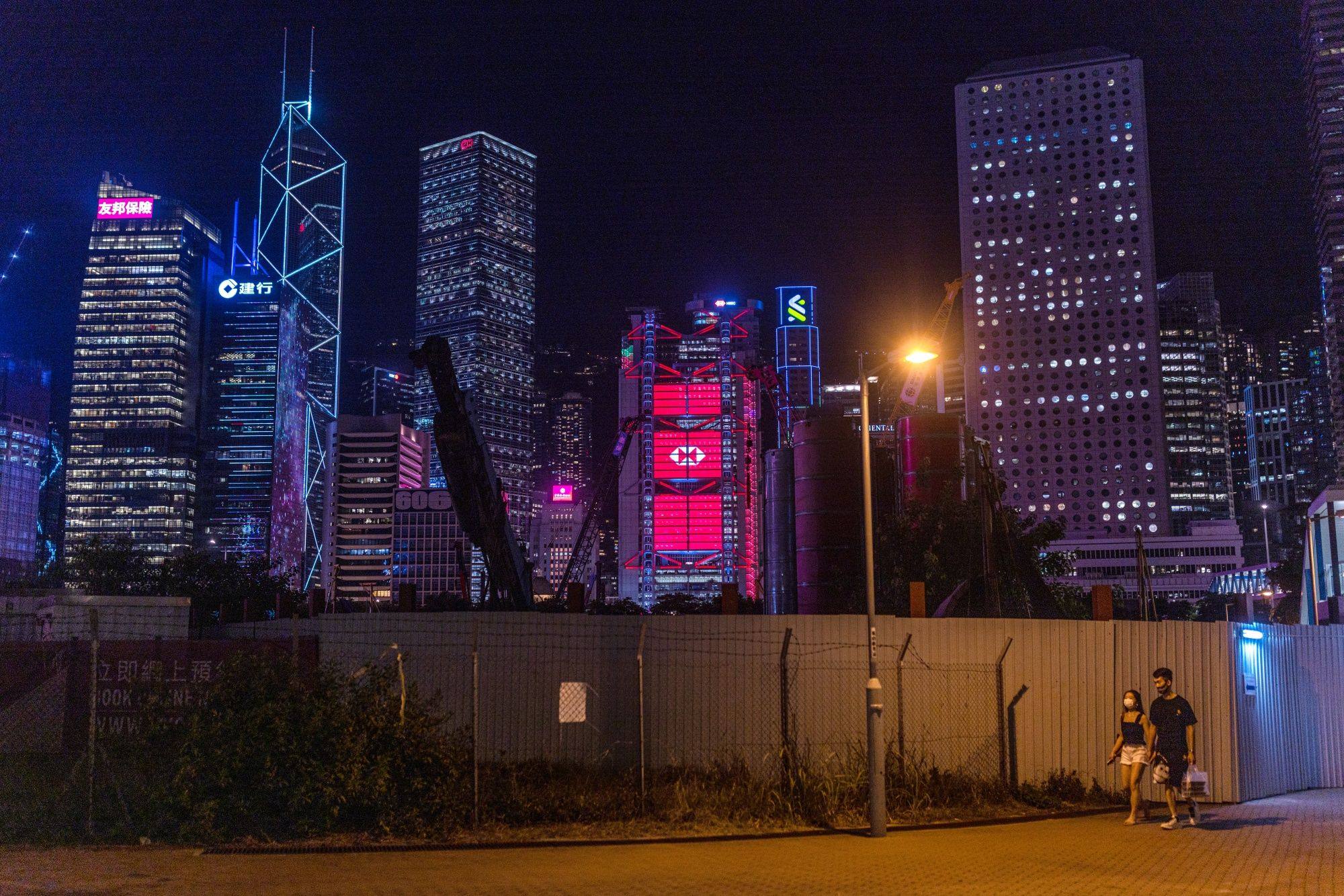 HSBC main building, center, and other buildings at night in Central. Photo: Bloomberg