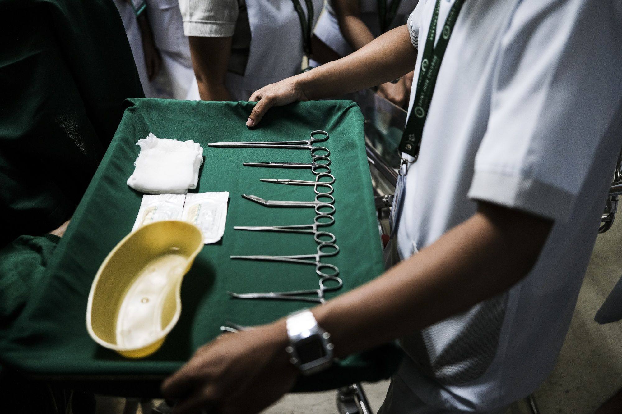 A tray of surgical tools as student nurses attend a training lecture in Manila, Philippines. Photo: Bloomberg
