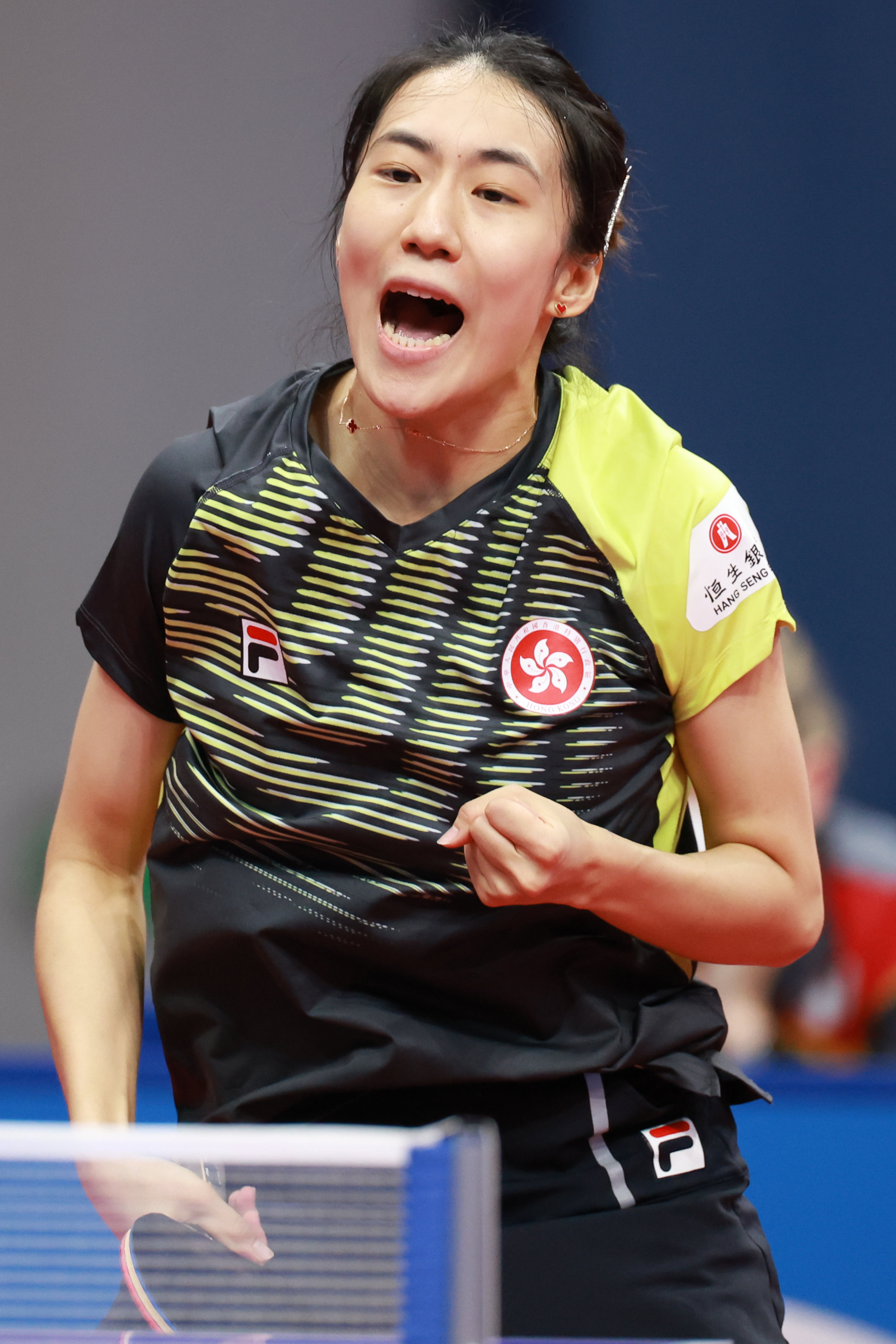 Zhu Chengzhu celebrates against Nina Mittelham of Germany in the quarterfinals at the World Team Championships in Chengdu. Photo: Xinhua 