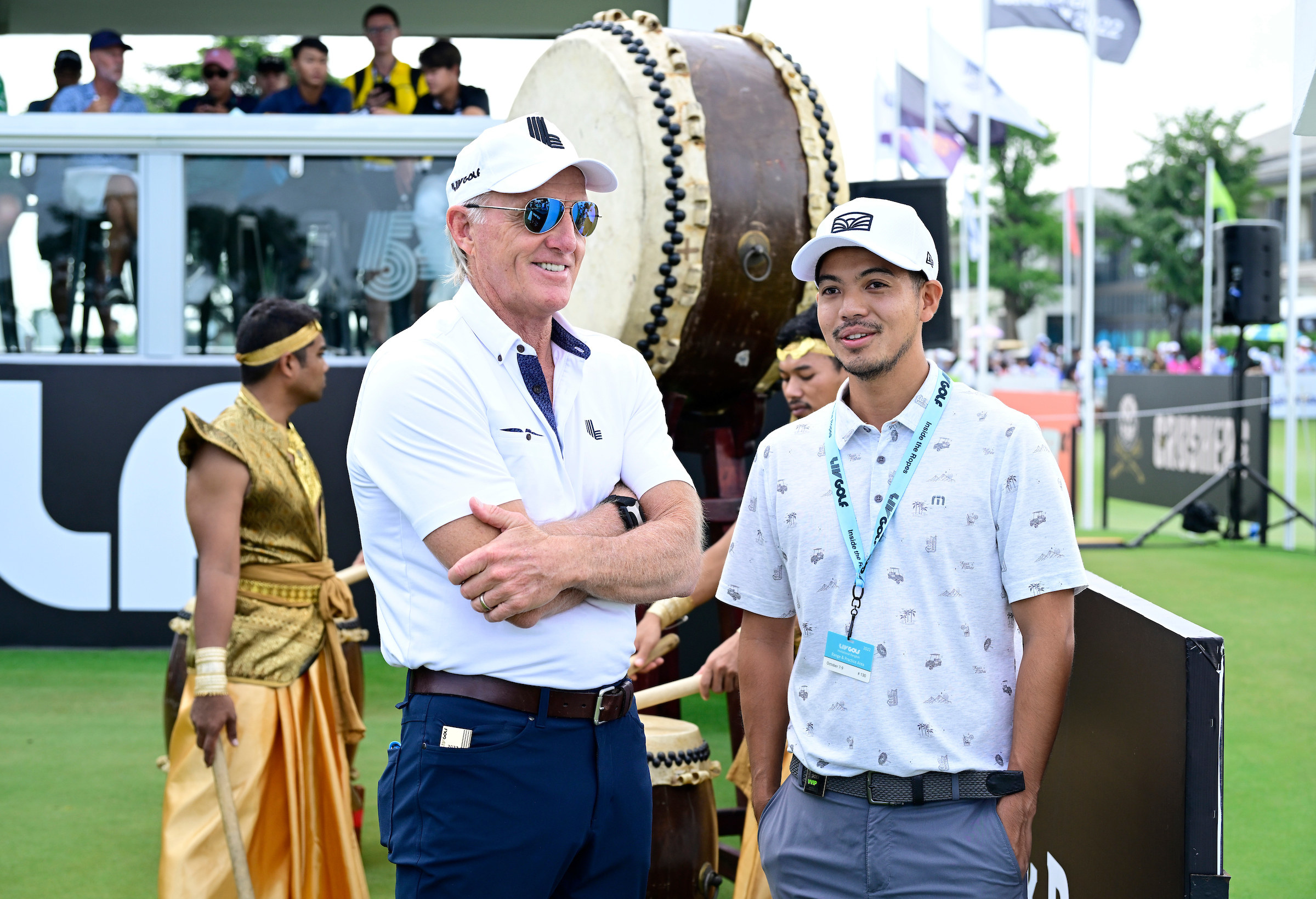 Greg Norman (left) with Stonehill boss Ing Ratanavadi on day 1 of the LIV Golf Invitational Bangkok. Photo: LIV Golf