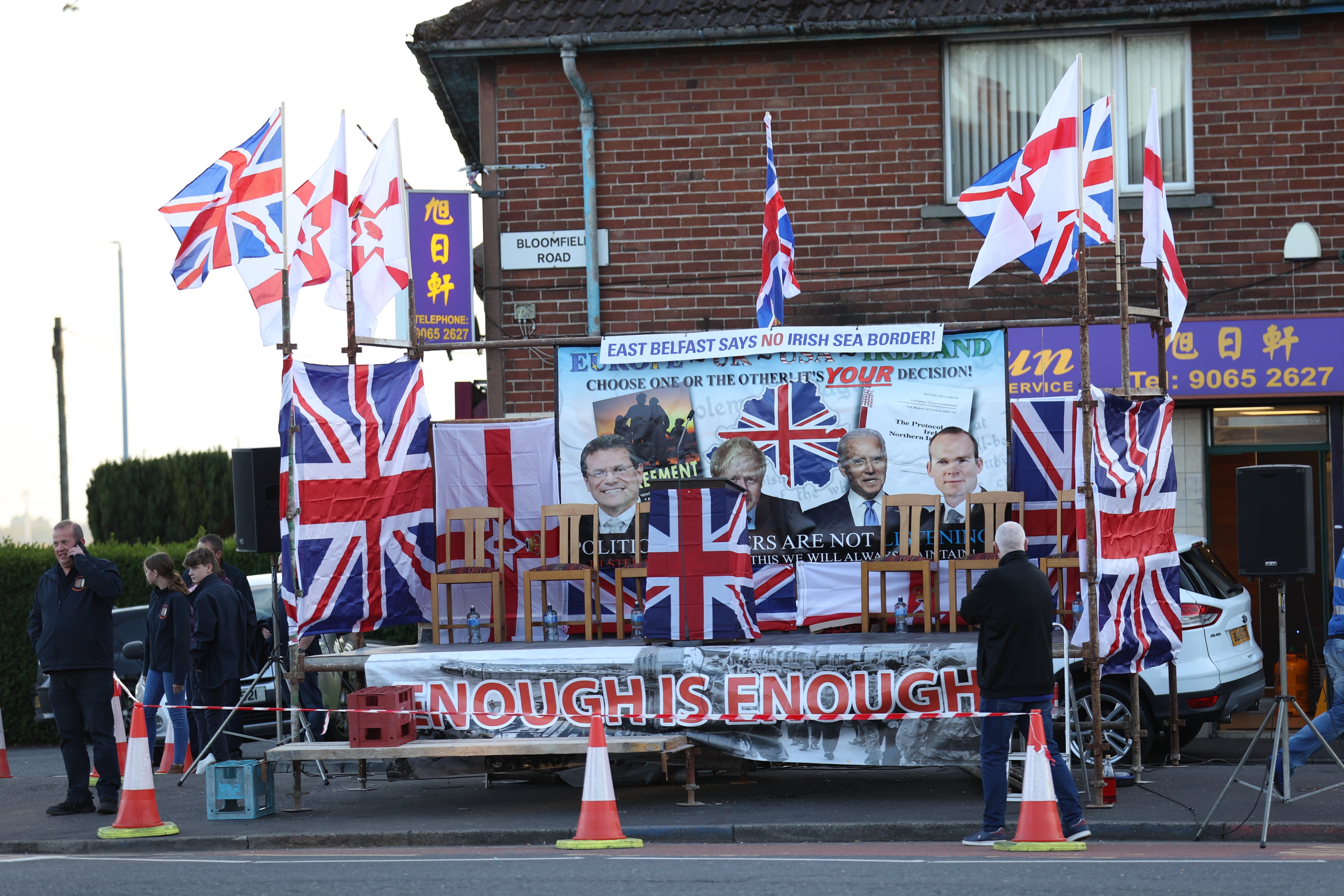 A stage is prepared before an anti-Northern Ireland Protocol parade and rally in Castlederg, Northern Ireland, on April 22: Photo: DPA