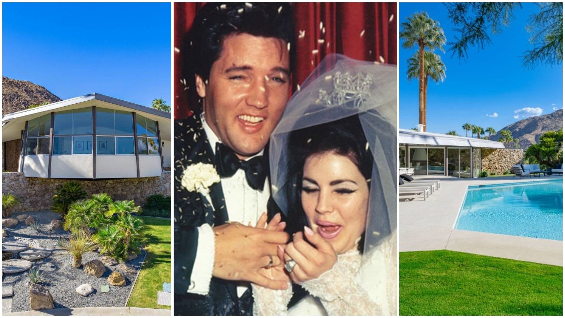 Elvis Presley, Priscilla Wagner and the Palm Springs home that was once featured in Look magazine as the “House of Tomorrow”. Photos: ChrisOne Point Media Group, @priscilla.presley_/Instagram