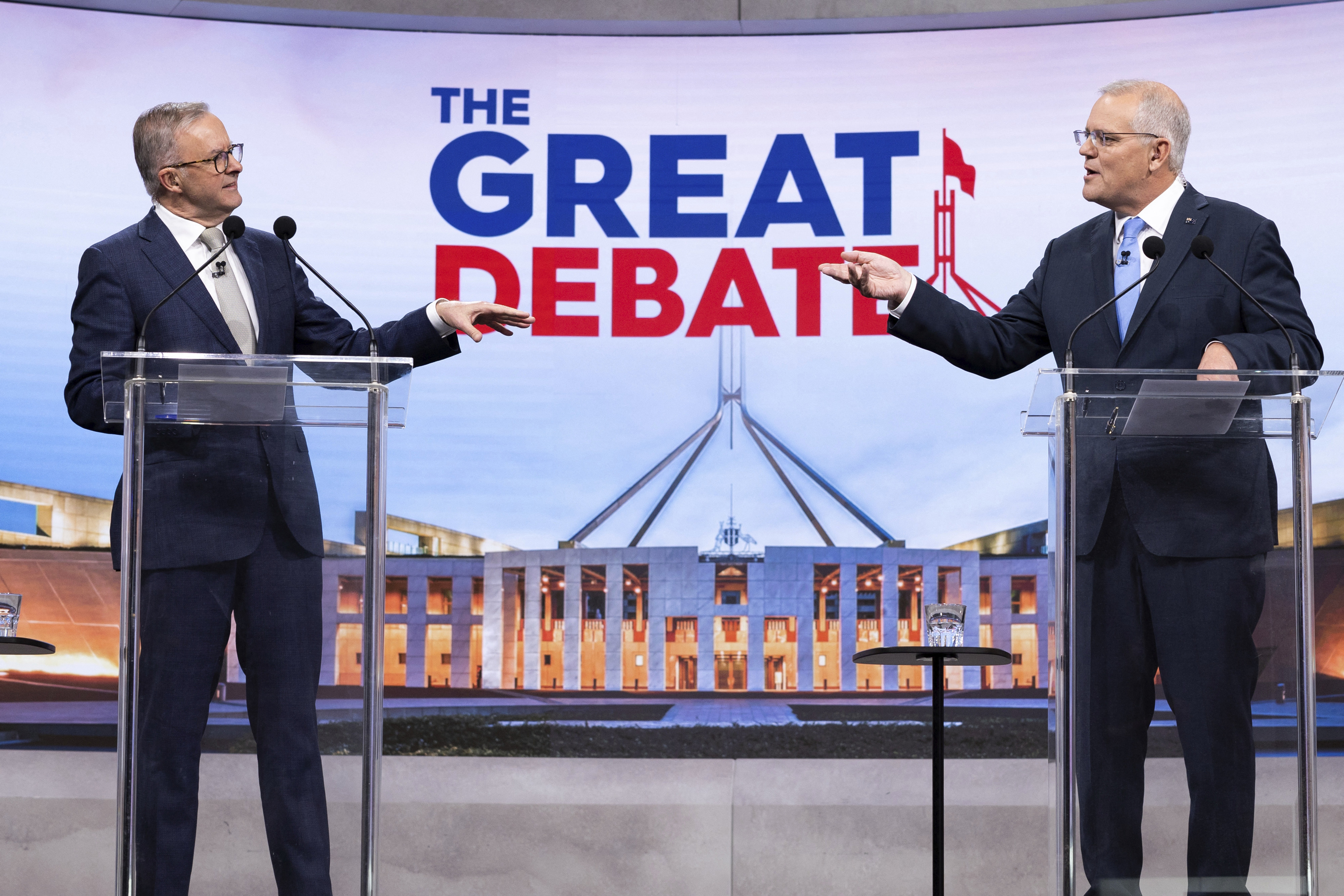 Anthony Albanese (left) and Scott Morrison debate during the election campaign at Nine studio in Sydney on May 8. Albanese’s government has not departed from the strategic fundamentals of its predecessor. Photo: AFP