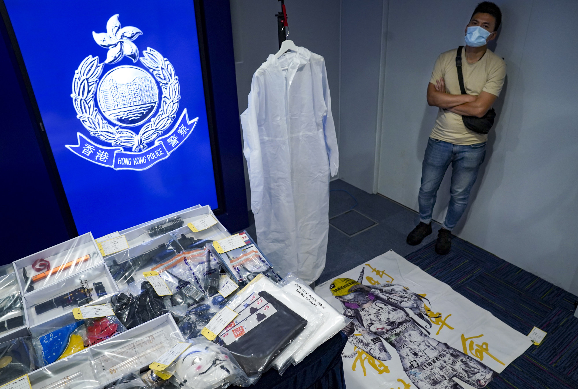 Evidence seized from the Returning Valiant group displayed at a press conference in 2021. Photo: Sam Tsang