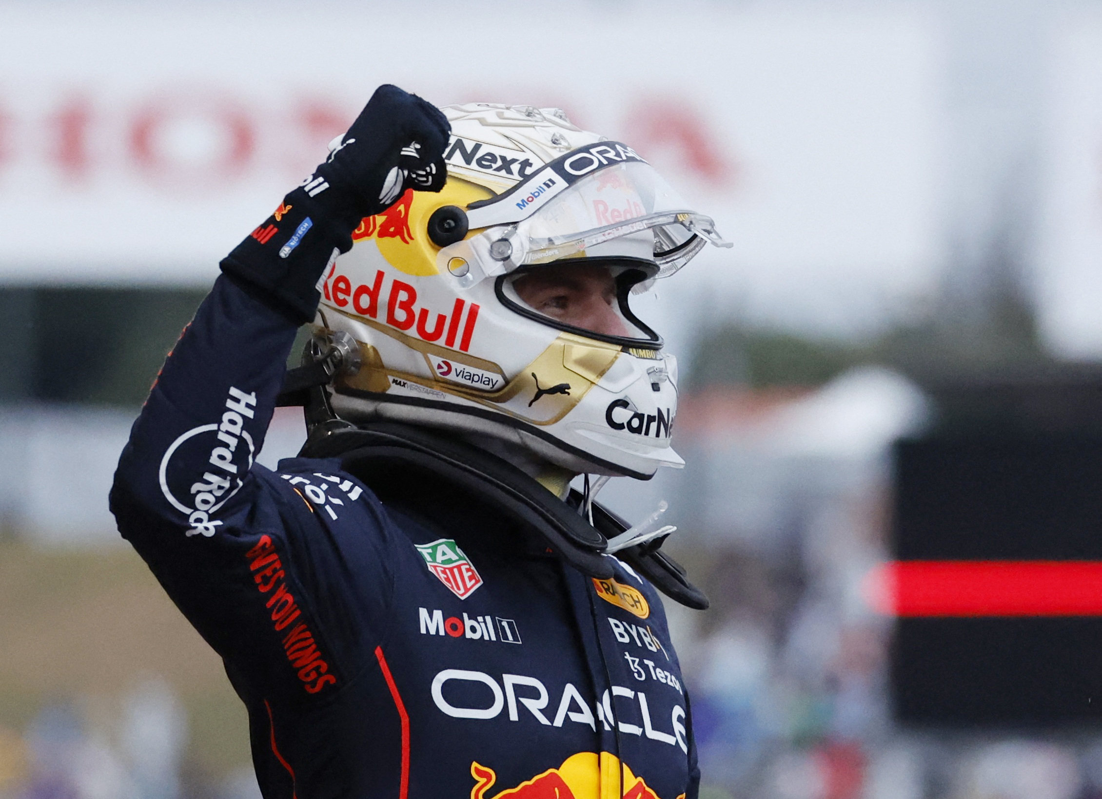 Red Bull’s Max Verstappen celebrates winning the race. Photo: Reuters