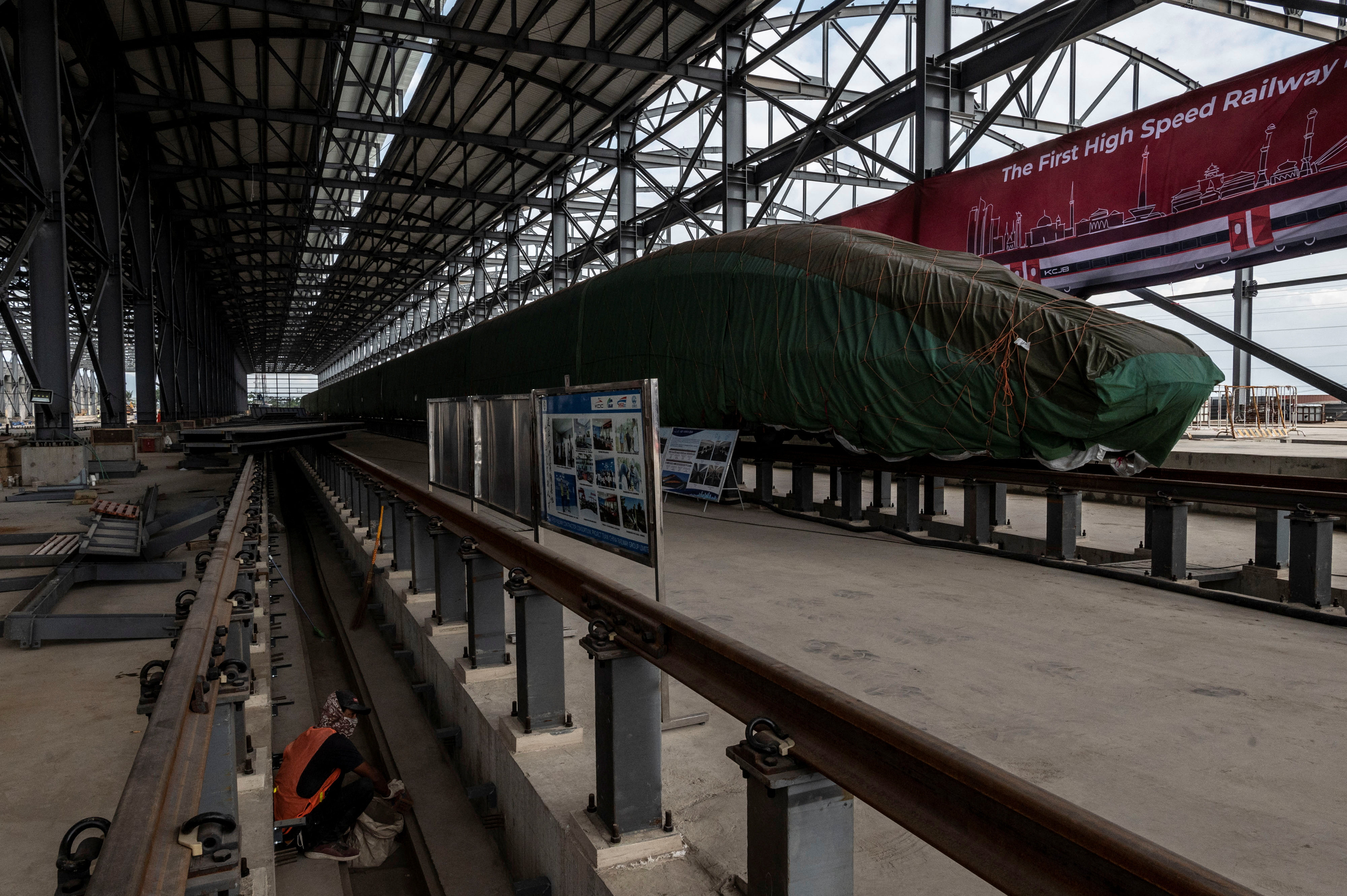 A high-speed train for a rail link project, which is part of China’s Belt and Road Initiative, sits at the Tegalluar train depot construction site in Bandung, West Java, Indonesia, on October 1. Photo: Reuters