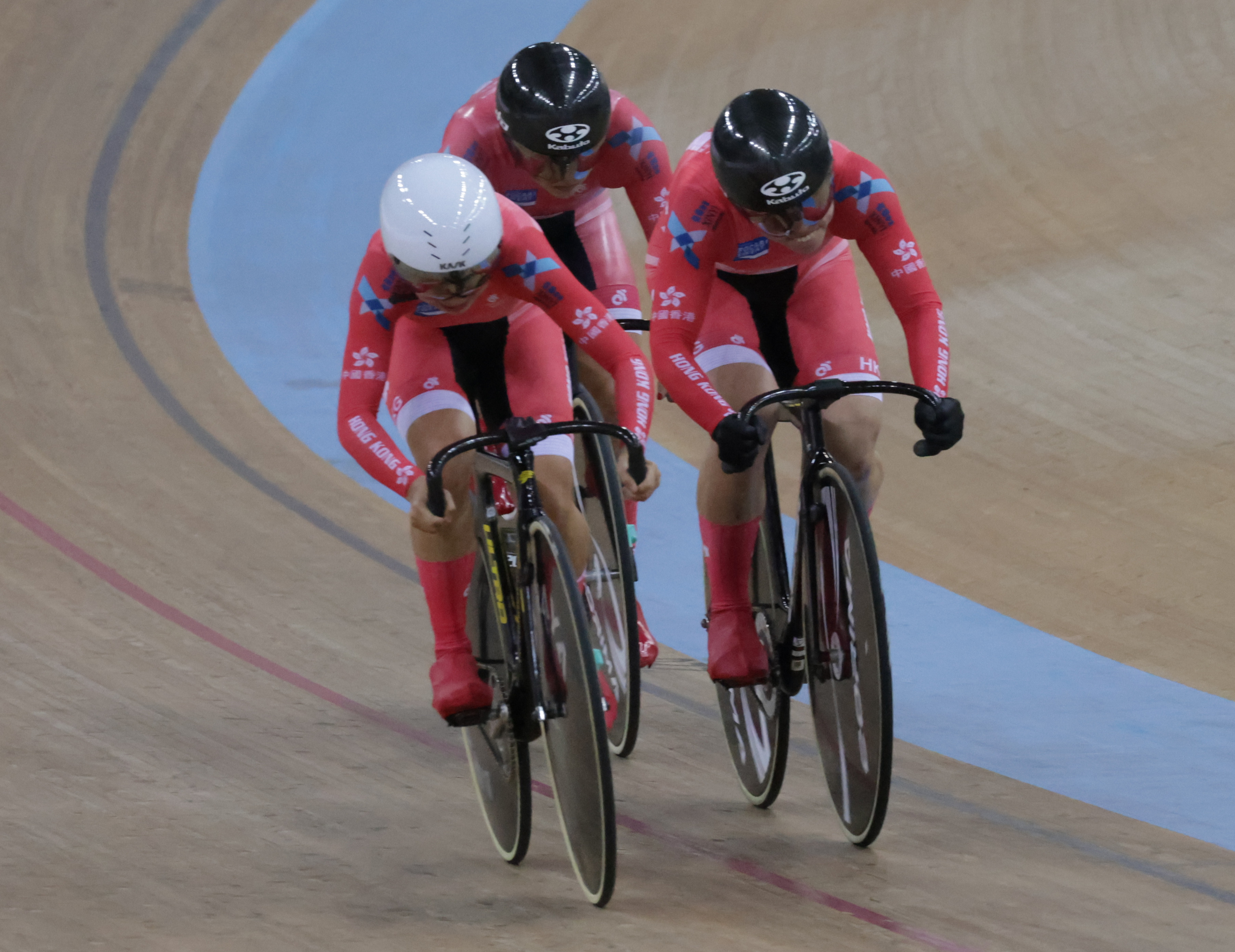 Yeung Cho-yiu (front) races in the women’s team sprint at the UCI Track Cycling Nations Cup in Hong Kong with Jessica Lee Hoi-yan (right), and Sarah Lee Wai-sze (back). Photo: May Tse