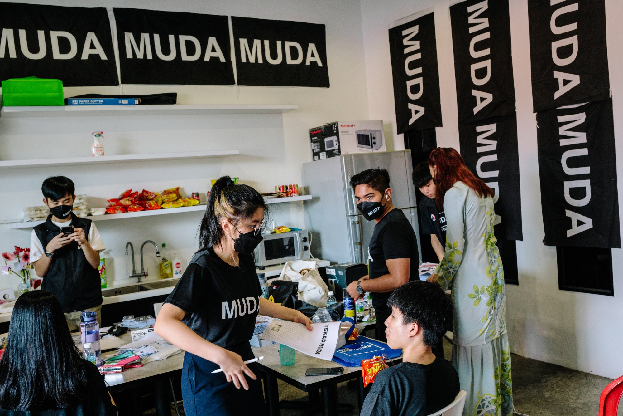 Volunteers working on the campaign for Amira Aisya Abd Aziz, secretary general of the youth-centric Malaysian United Democratic Alliance (MUDA) party, in March. Malaysia’s next general election will include voters aged 18-20 for the first time. Photo: Bloomberg