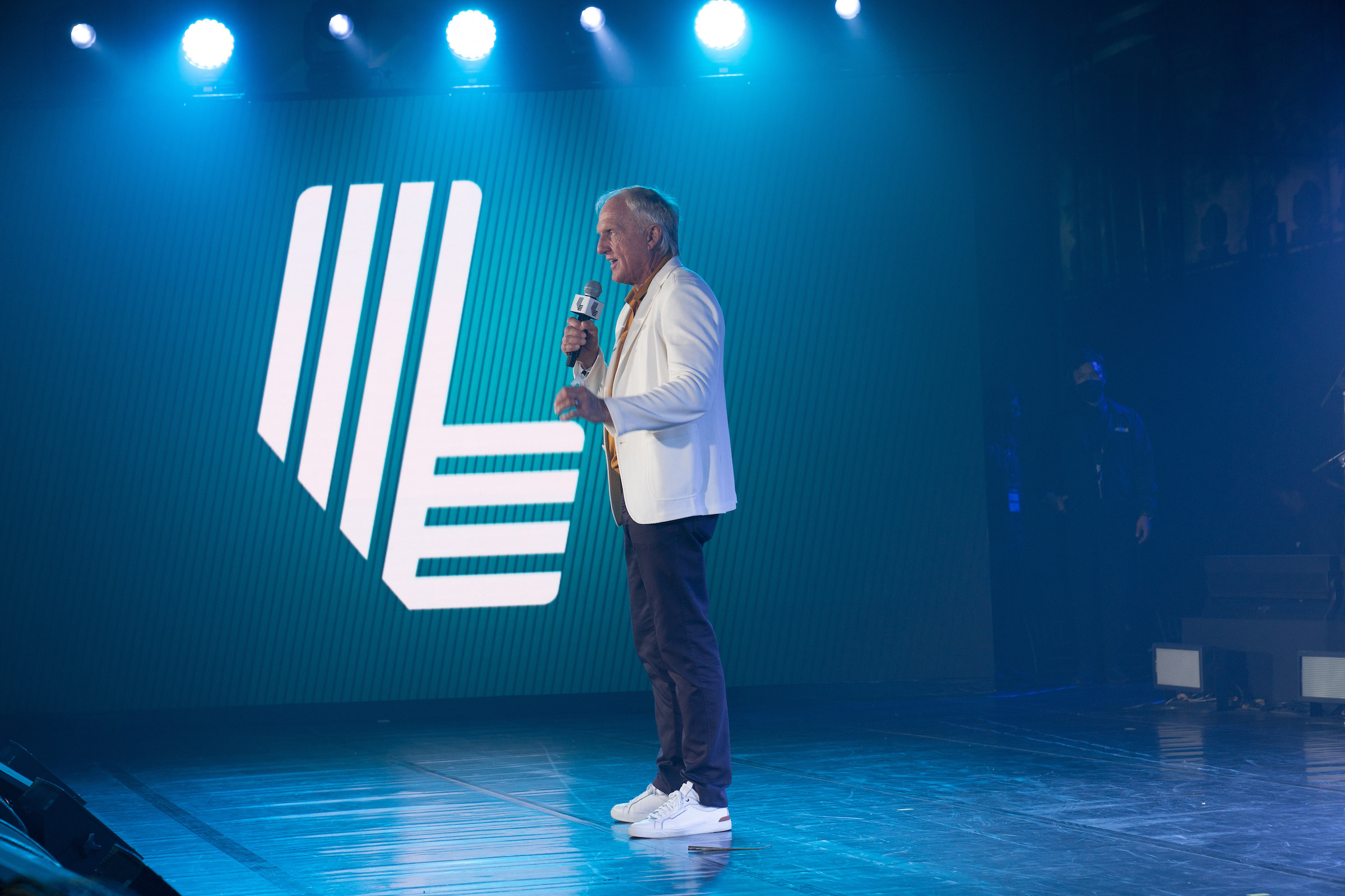 LIV Golf CEO Greg Norman on stage at a welcome party in Bangkok. Photo: LIV Golf