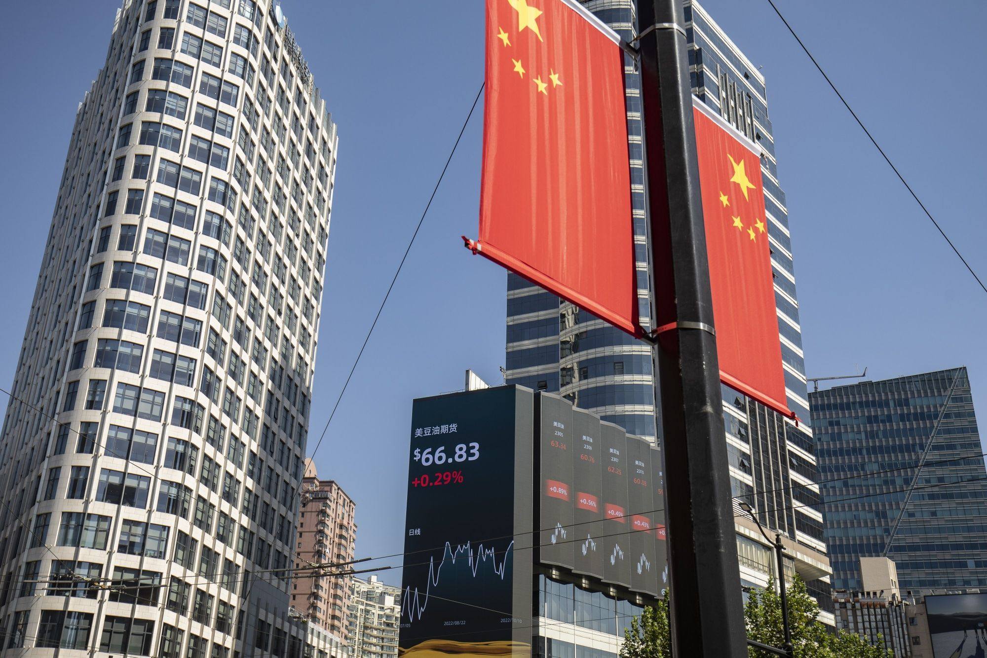 A public screen displays stock figures in Shanghai on October 10. State-owned enterprises have been the key actors for China’s belt and road strategy. Beijing could switch its focus to facilitating private sector participation. Photo: Bloomberg