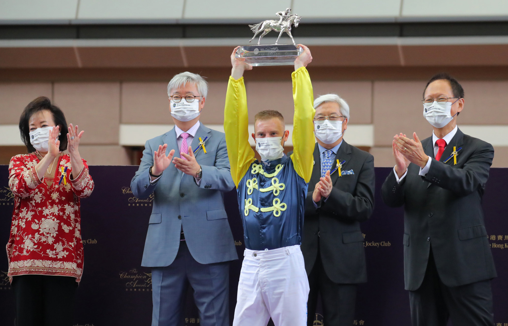 Zac Purton receives the applause after being crowned Hong Kong’s champion jockey for the 2021-2022 season.