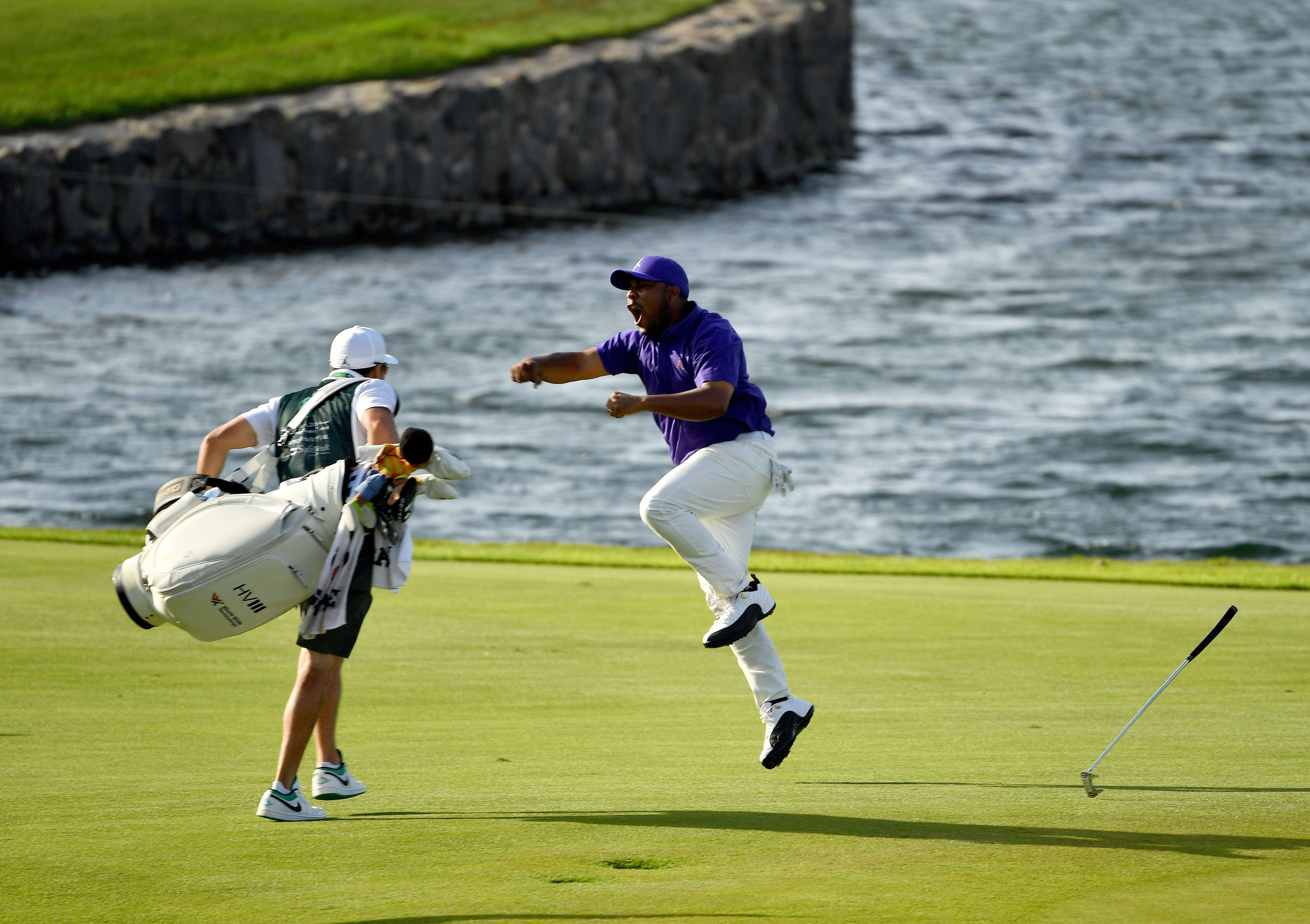 Harold Varner III celebrates holing a 92ft putt to win the PIF Saudi International in February. Photo: Asian Tour.