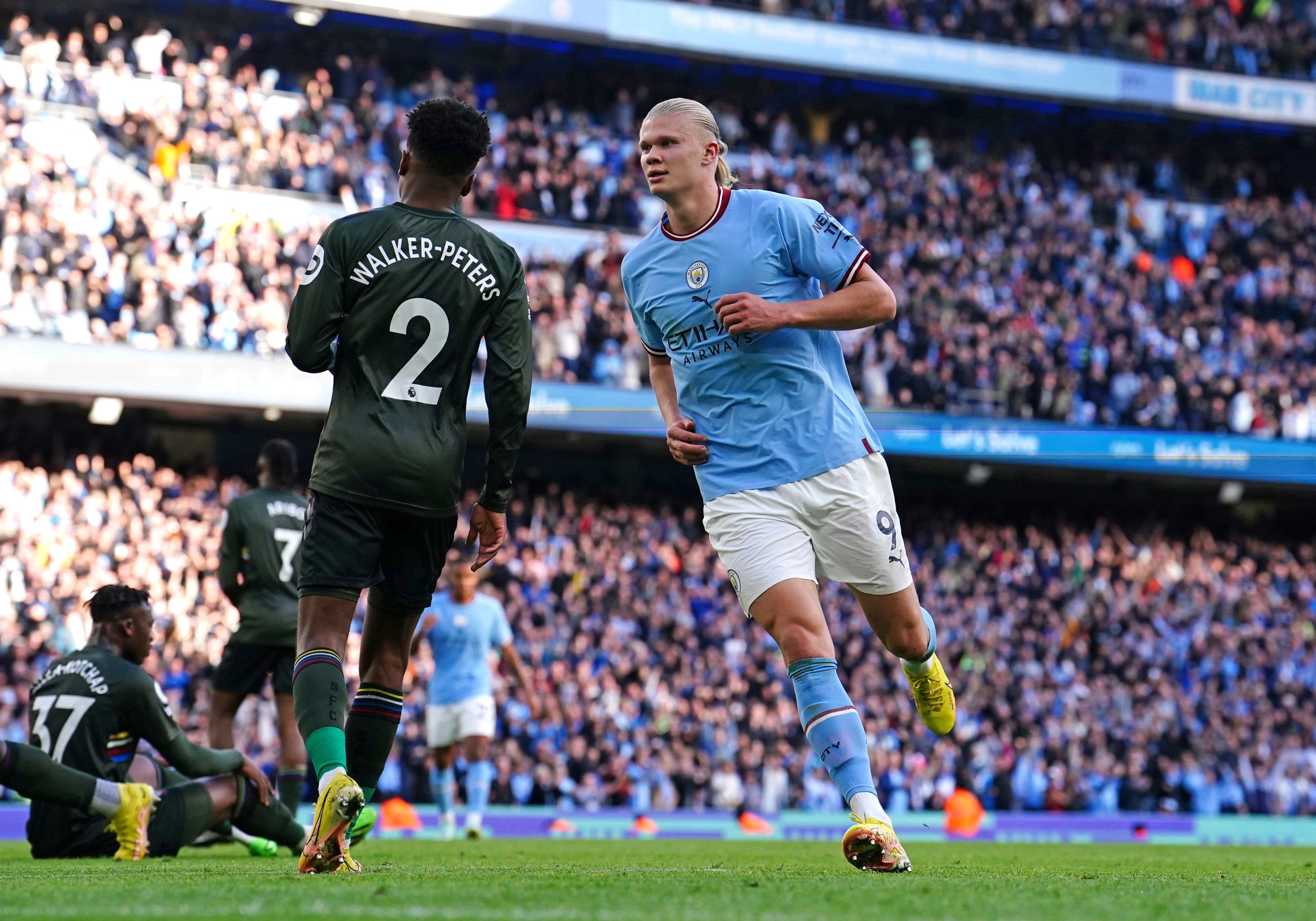 Manchester City’s Erling Haaland celebrates scoring his side’s fourth goal against Southampton. Photo: dpa