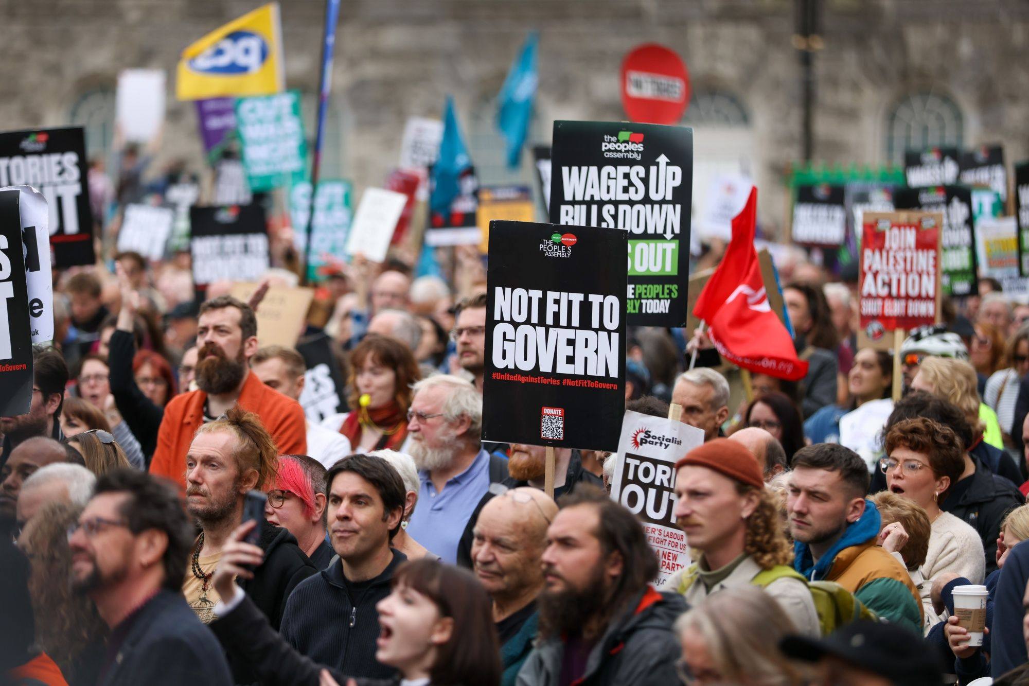 Protesters at a demonstration against the Conservative Party’s annual autumn conference in Birmingham on October 2, 2022. Photo: Bloomberg
