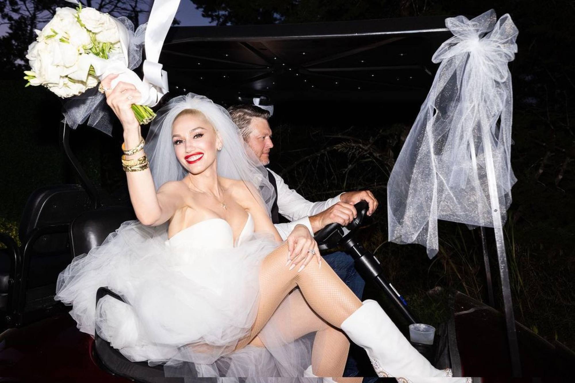 Gwen Stefani wore a custom Vera Wang dress for her wedding reception look. Photo: @jeremybustos_/Instagram