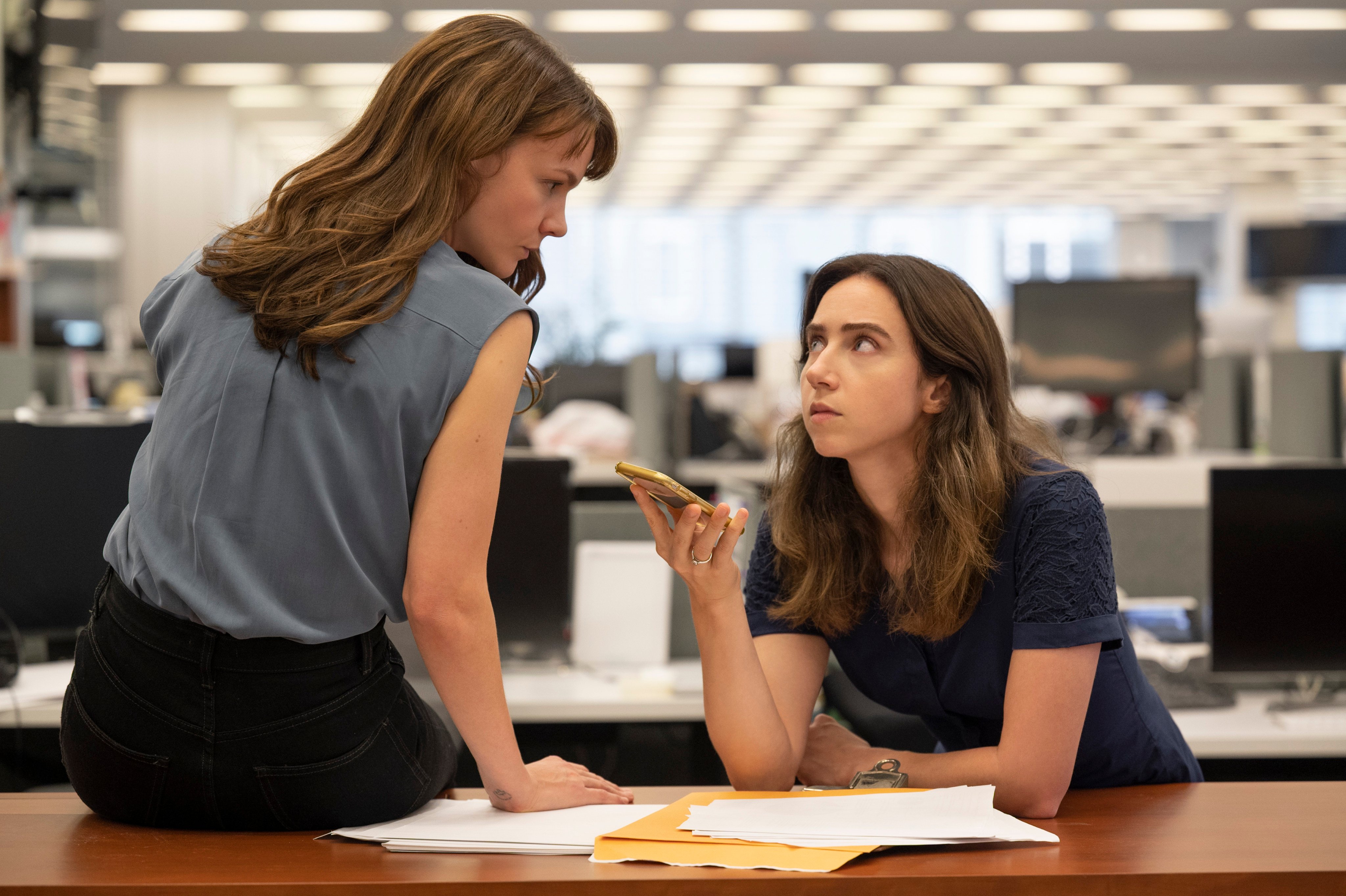 Carey Mulligan (left) as Megan Twohey and Zoe Kazan as Jodi Kantor in a still from She Said, about the Harvey Weinstein sexual harassment scandal.