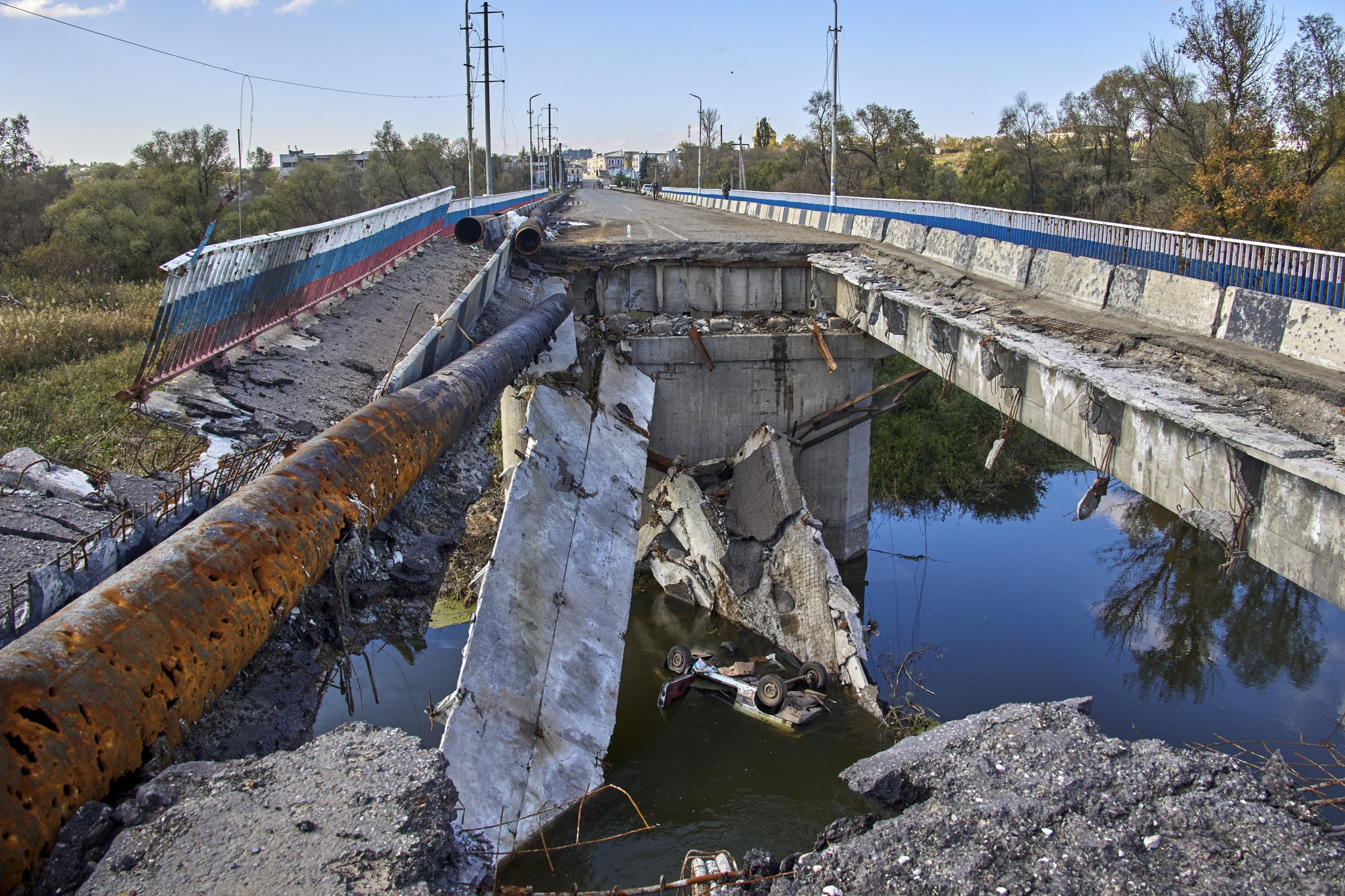 A damaged bridge in the recently recaptured city of Kupiansk, east of Kharkiv, northeastern Ukraine on Sunday. Photo: EPA-EFE