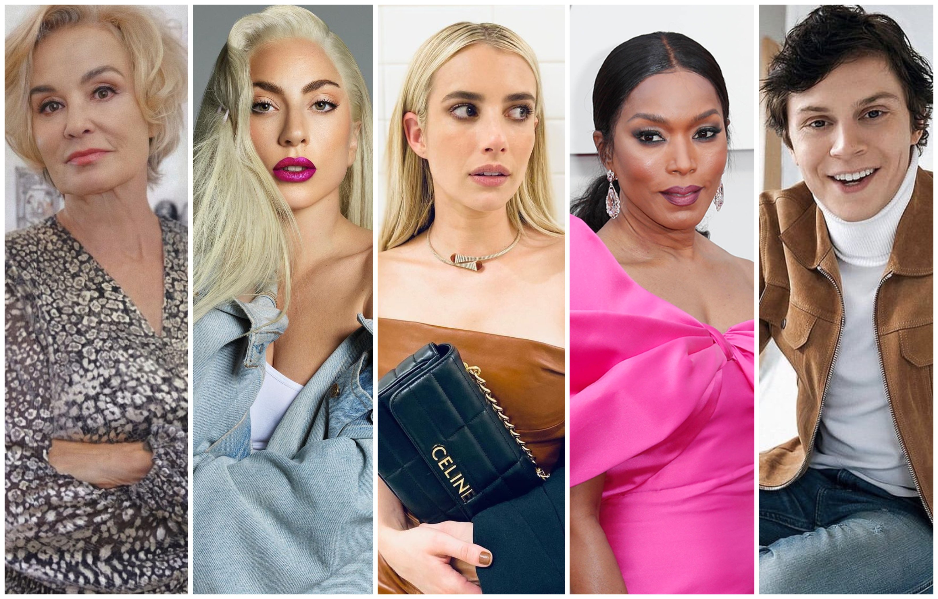 American Horror Story’s richest cast members, revealed, including Jessica Lange, Lady Gaga, Emma Roberts, Angela Bassett and Evan Peters. Photos: Getty Images, @jessicalangeph, @ladygaga, @emmaroberts, @evenpetes/Instagram