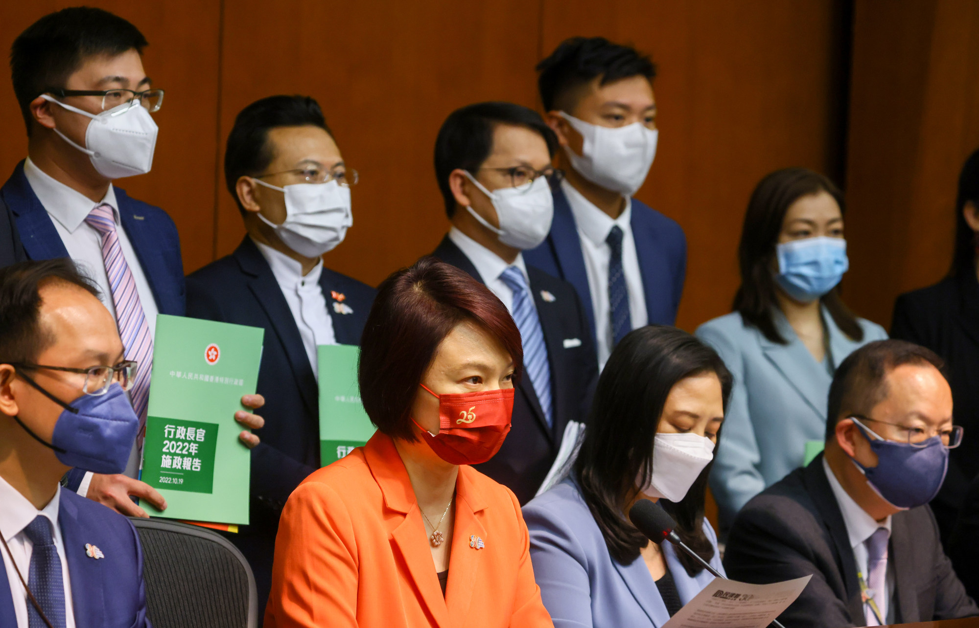 Starry Lee (centre) and other Legislative Council members meet the media after John Lee’s policy address on October 19. Photo: Dickson Lee