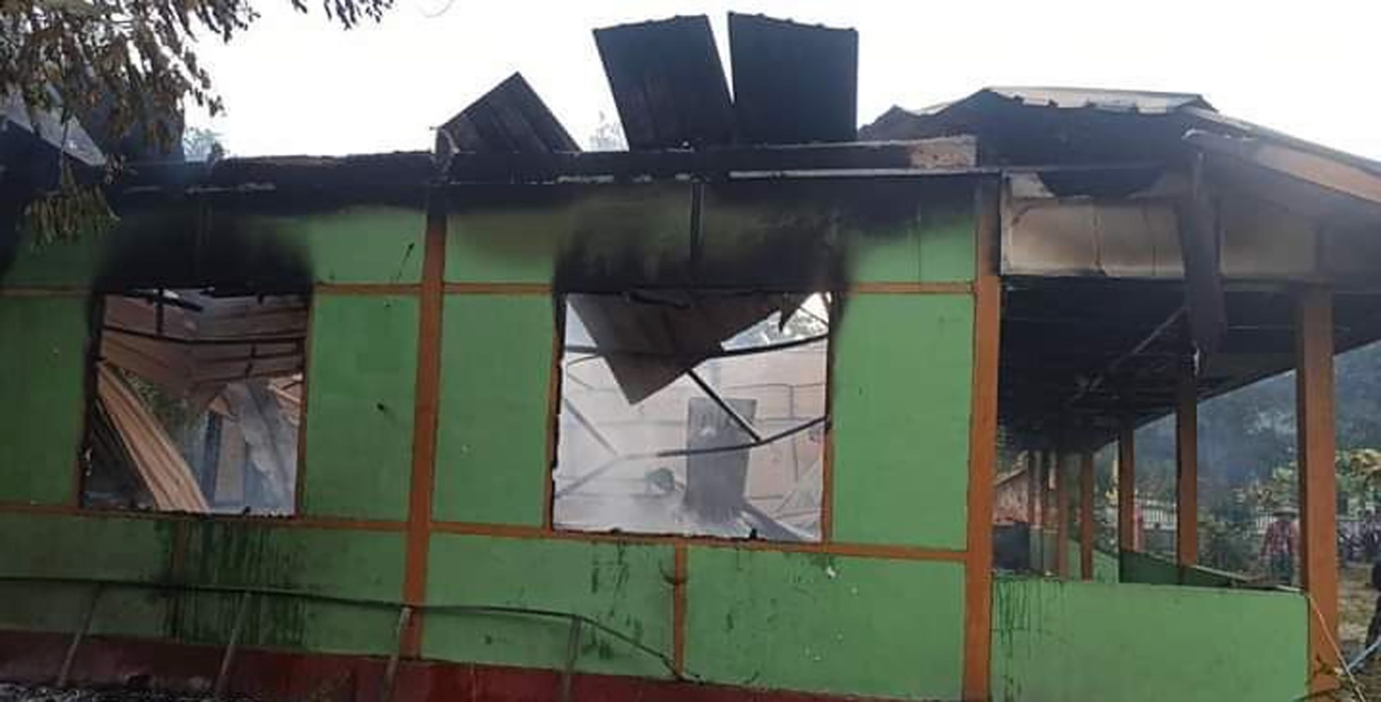The wall of a school structure is left standing after it was burned in Taung Myint village in the Magway region of Myanmar. Photo: AP